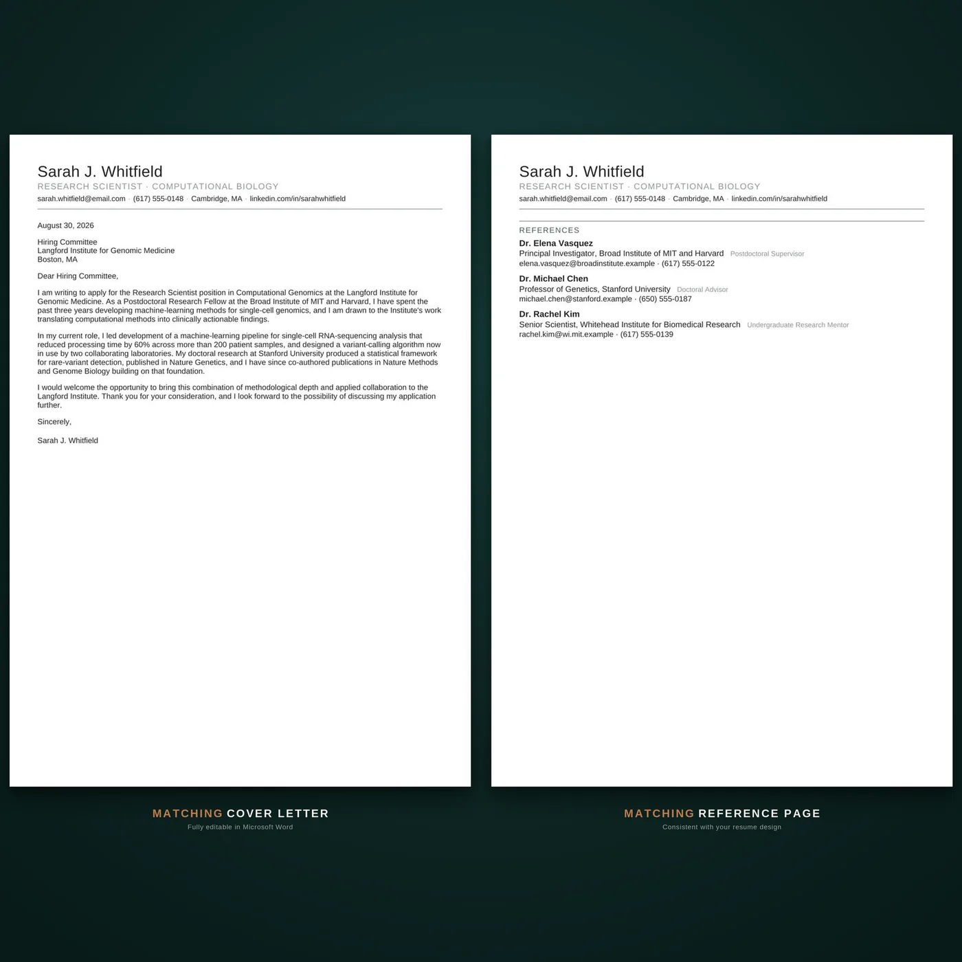Academic résumé template — the coordinated cover letter and reference page documents
