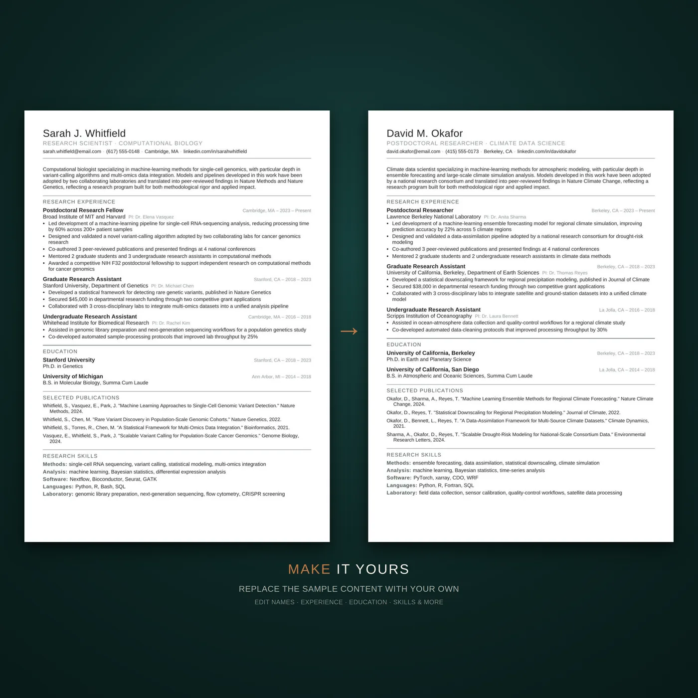 Academic résumé template — a before-and-after showing how quickly the template can be edited