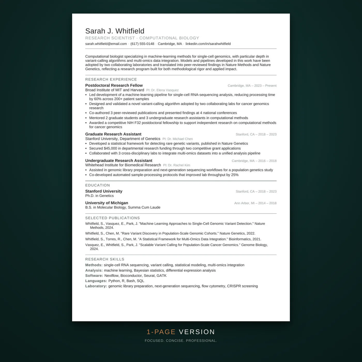 Academic résumé template — the one-page version of the résumé layout