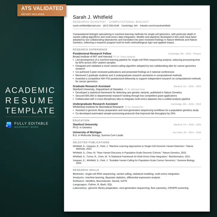 Academic résumé template — listing hero on the RoberOnix teal background