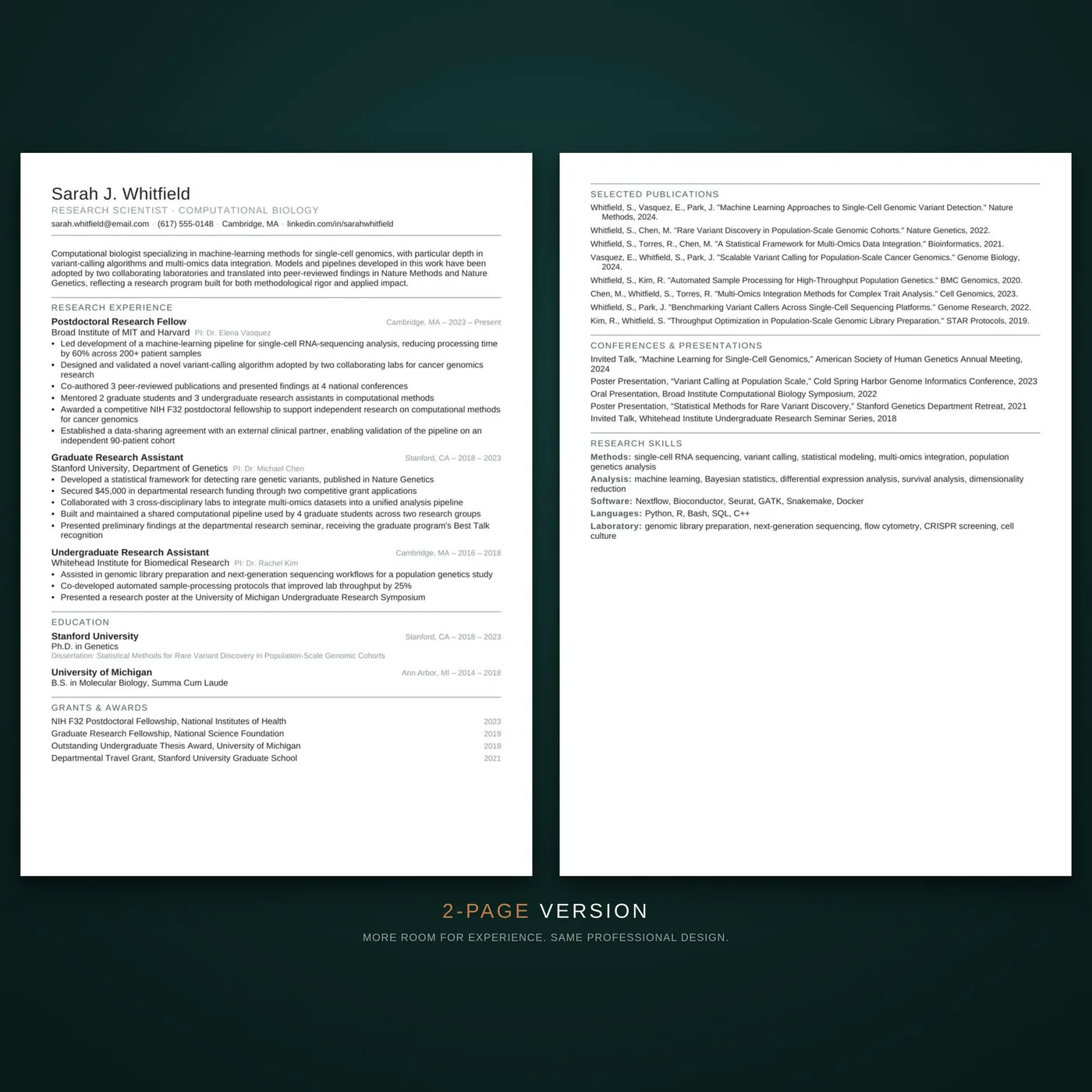 Academic résumé template — the two-page version of the résumé layout, shown as facing pages
