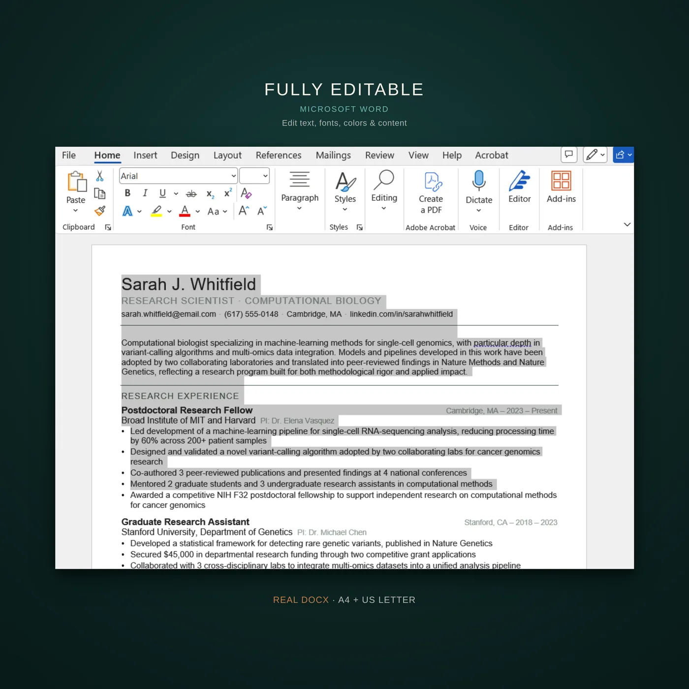Academic résumé template — a callout that the template is fully editable in Microsoft Word