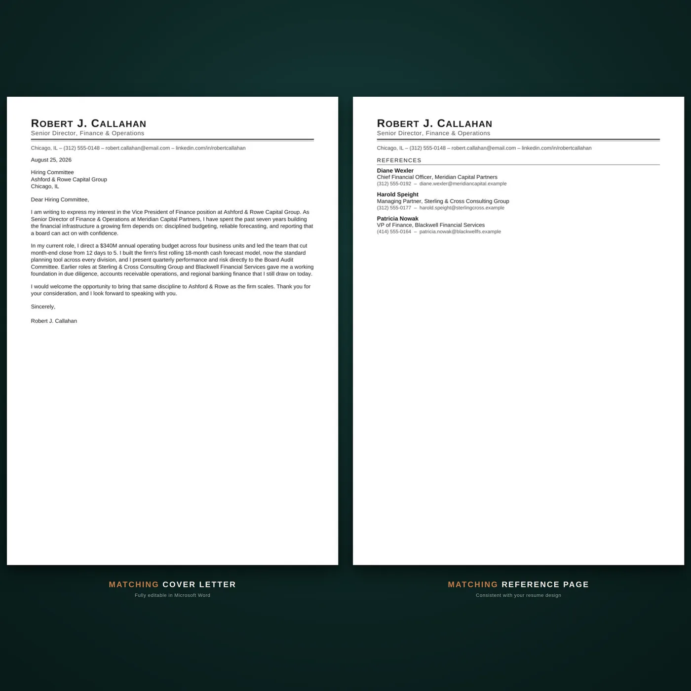 Classic résumé template — the coordinated cover letter and reference page documents