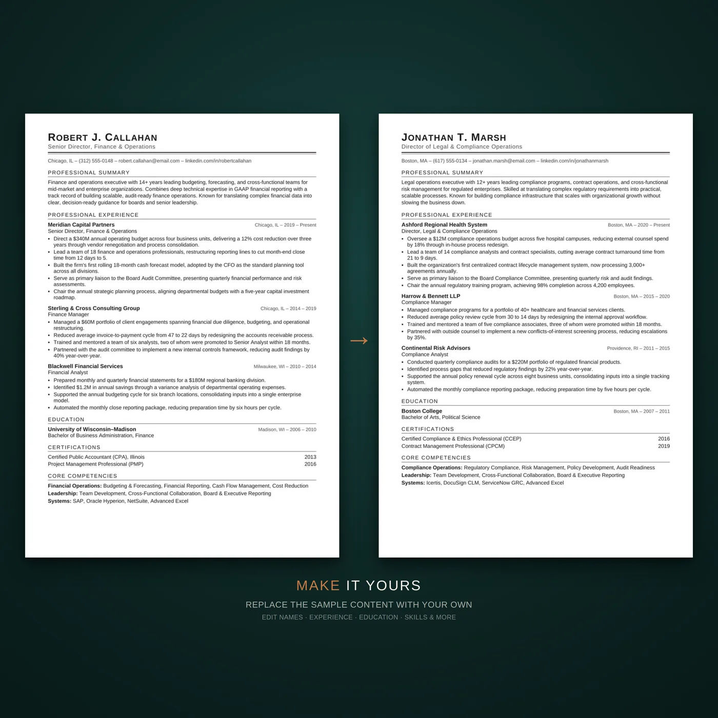 Classic résumé template — a before-and-after showing how quickly the template can be edited