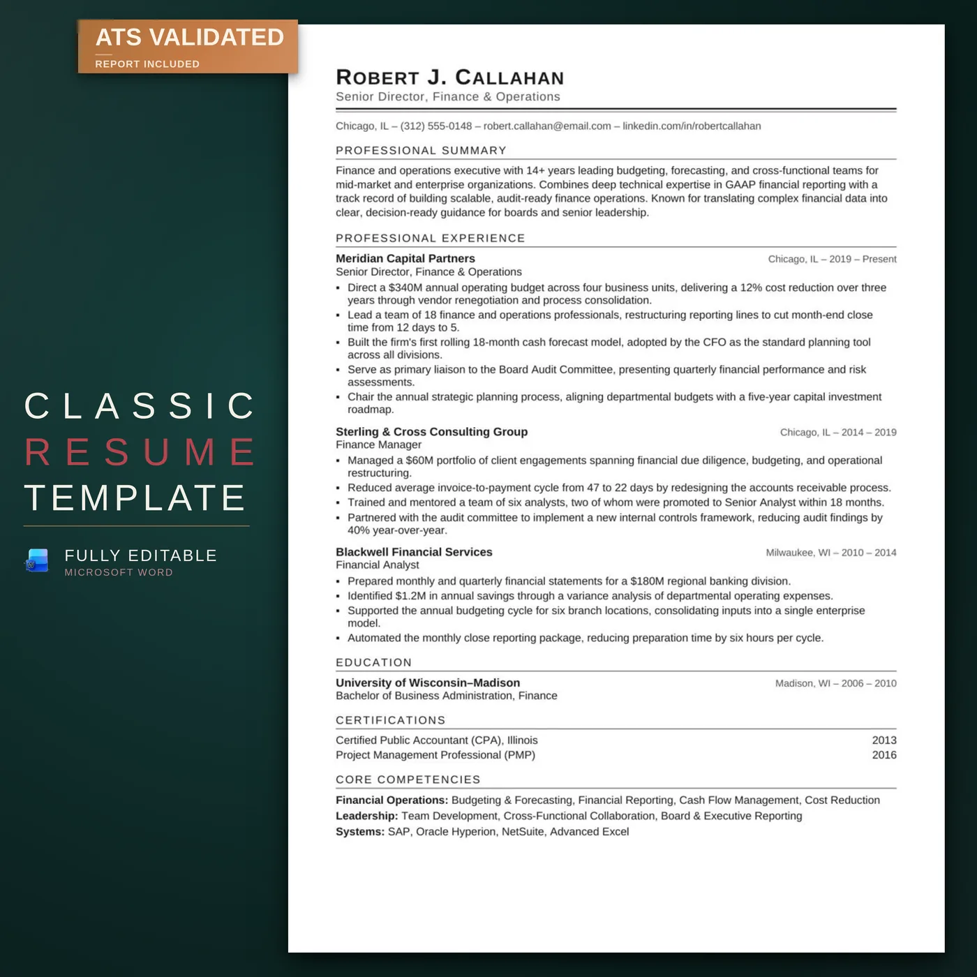 Classic résumé template — the listing hero image — the résumé on the RoberOnix deep-teal brand background with an ATS-validated badge