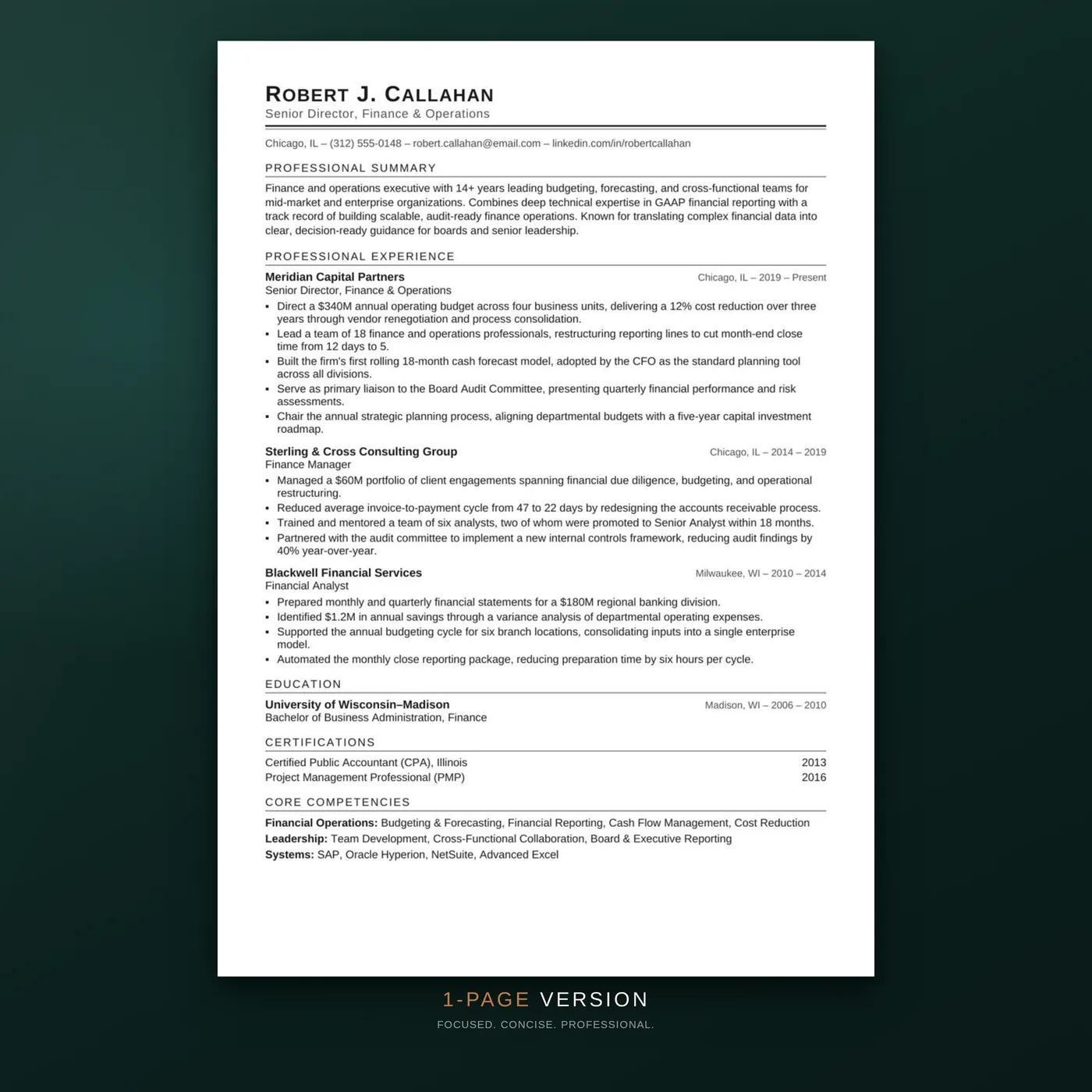 Classic résumé template — the one-page version of the résumé layout
