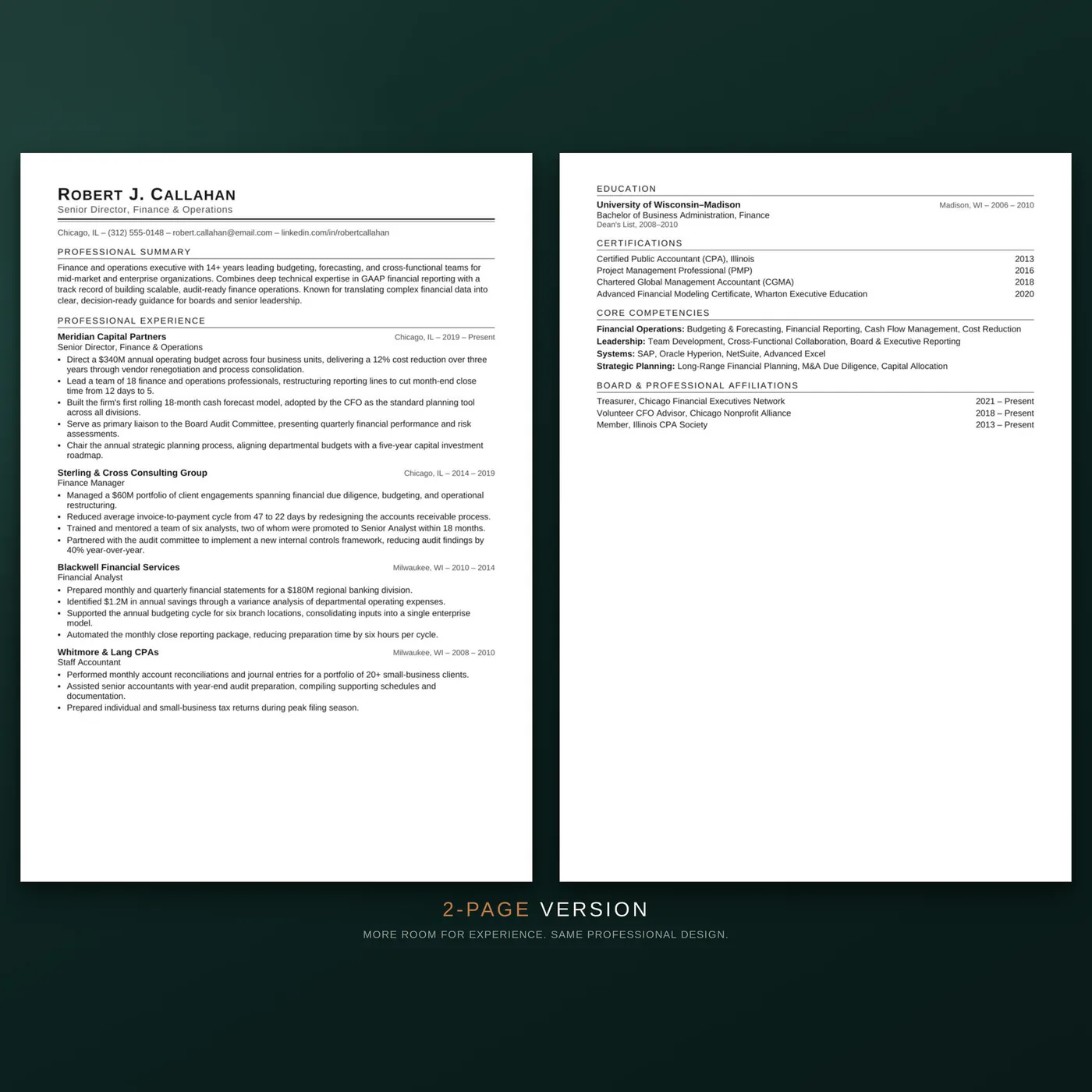 Classic résumé template — the two-page version of the résumé layout, shown as facing pages