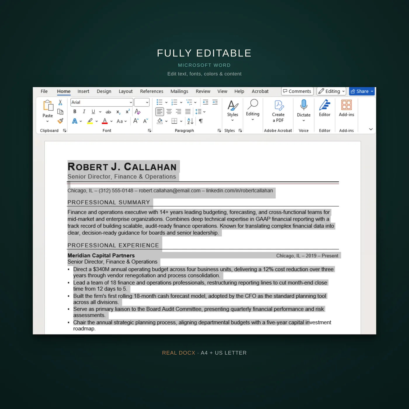 Classic résumé template — a callout that the template is fully editable in Microsoft Word