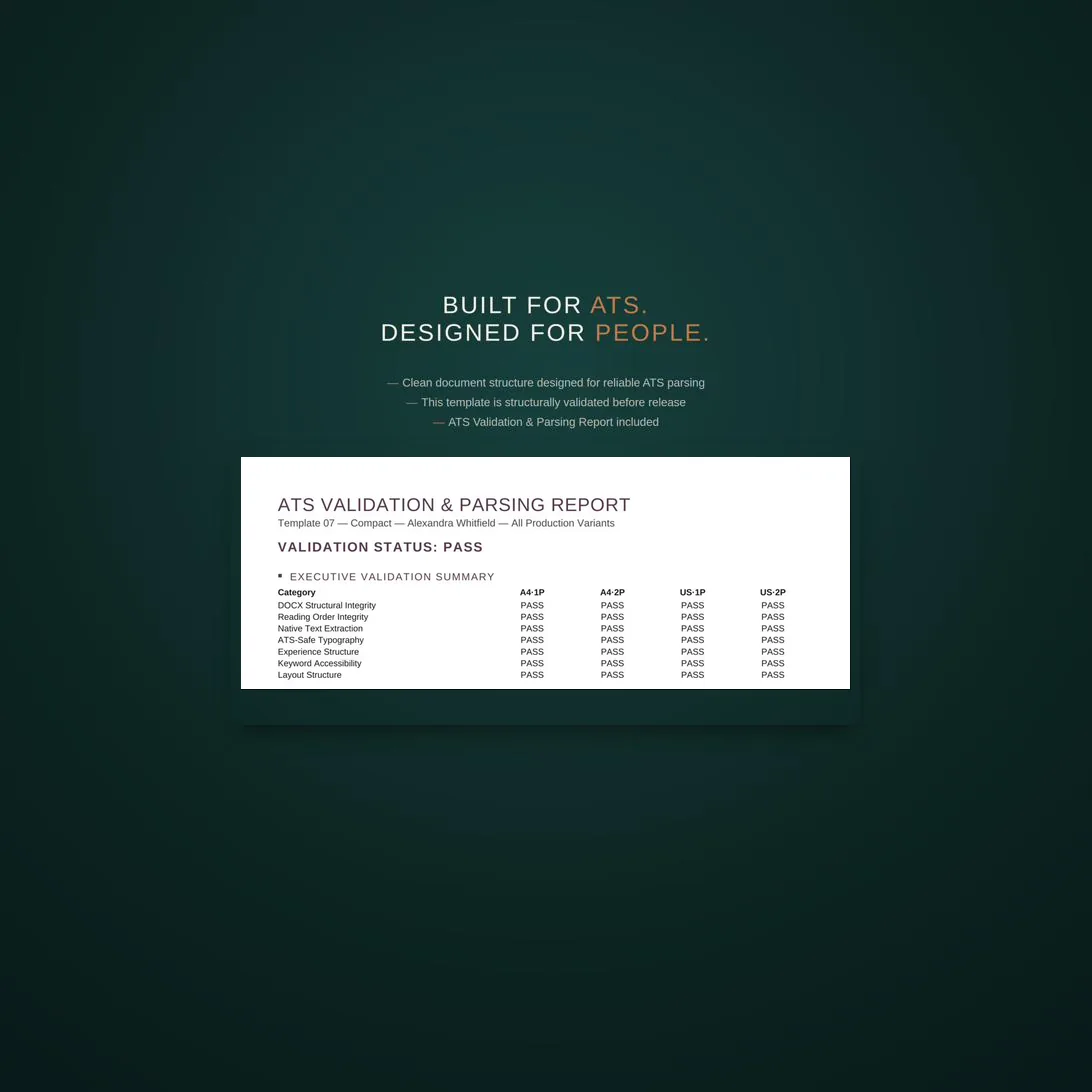 Compact résumé template — an explainer slide on how the template is structured to pass applicant tracking systems