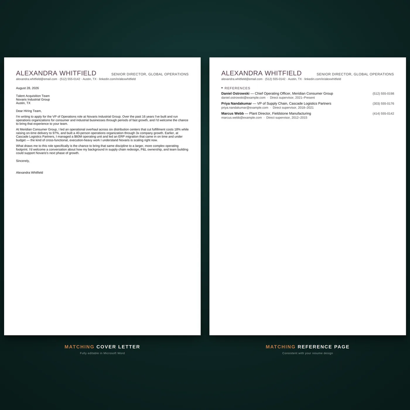 Compact résumé template — the coordinated cover letter and reference page documents