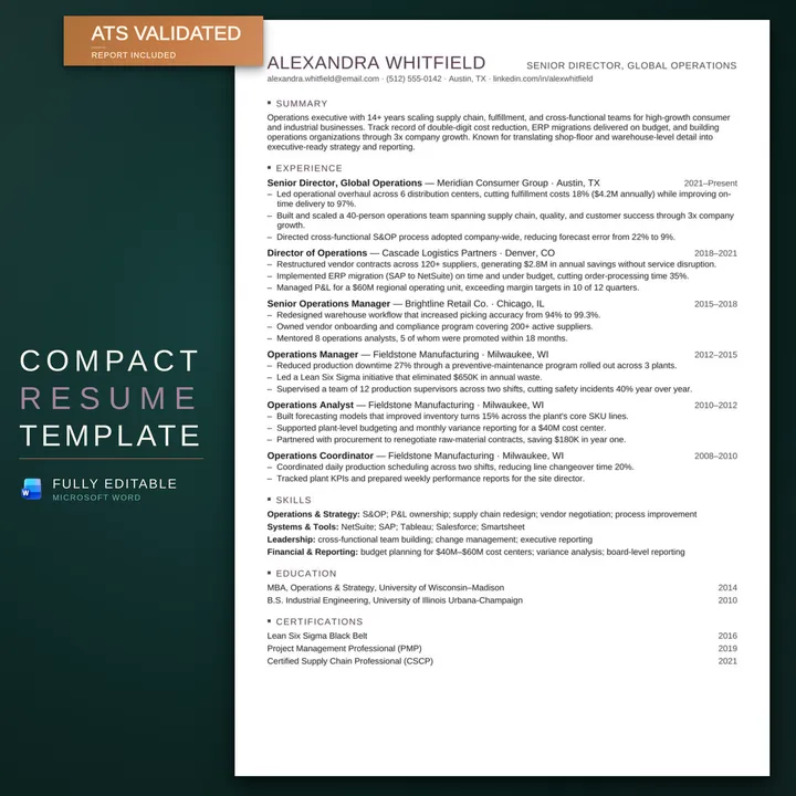 Compact résumé template — listing hero on the RoberOnix teal background