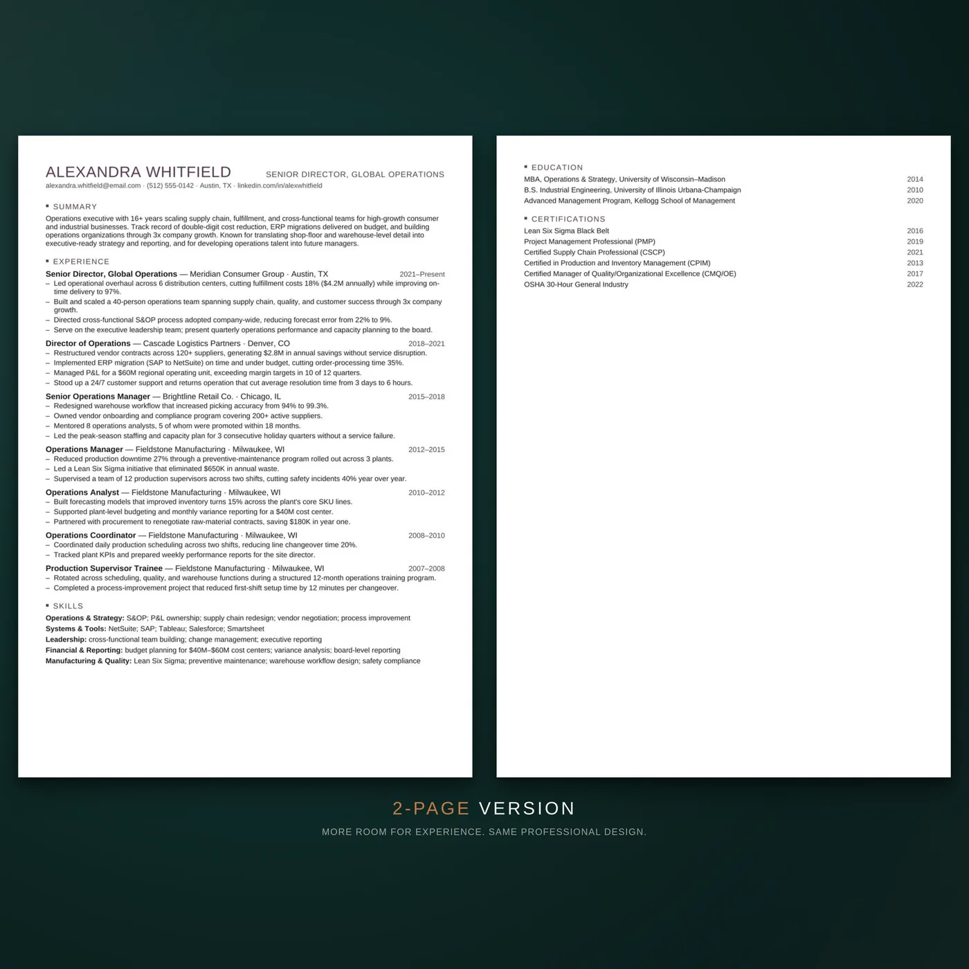 Compact résumé template — the two-page version of the résumé layout, shown as facing pages