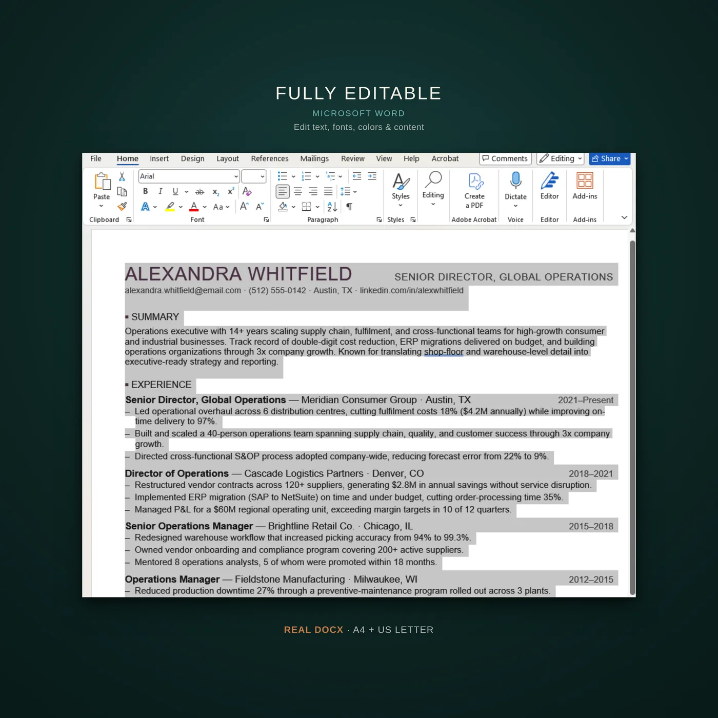 Compact résumé template — a callout that the template is fully editable in Microsoft Word
