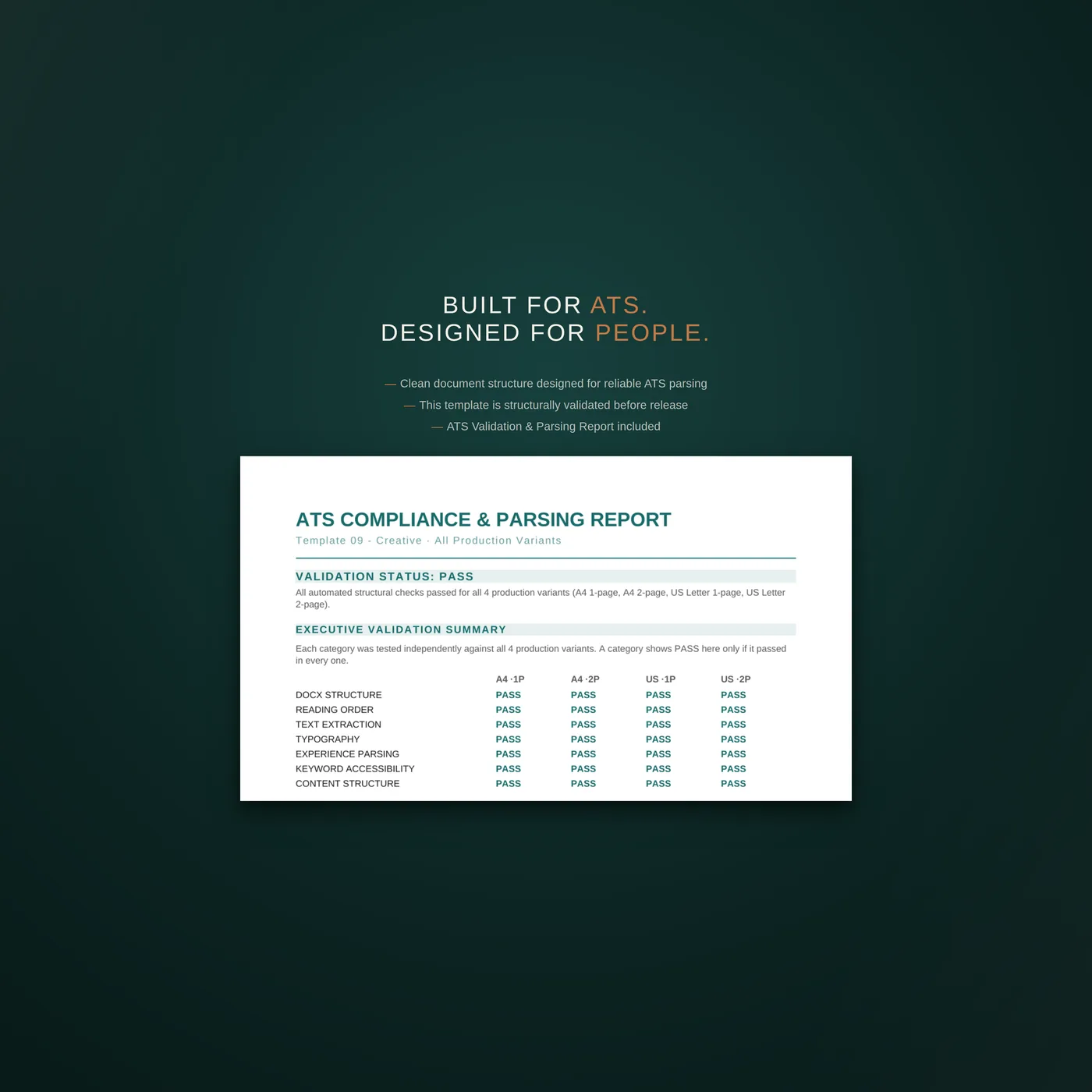 Creative résumé template — an explainer slide on how the template is structured to pass applicant tracking systems