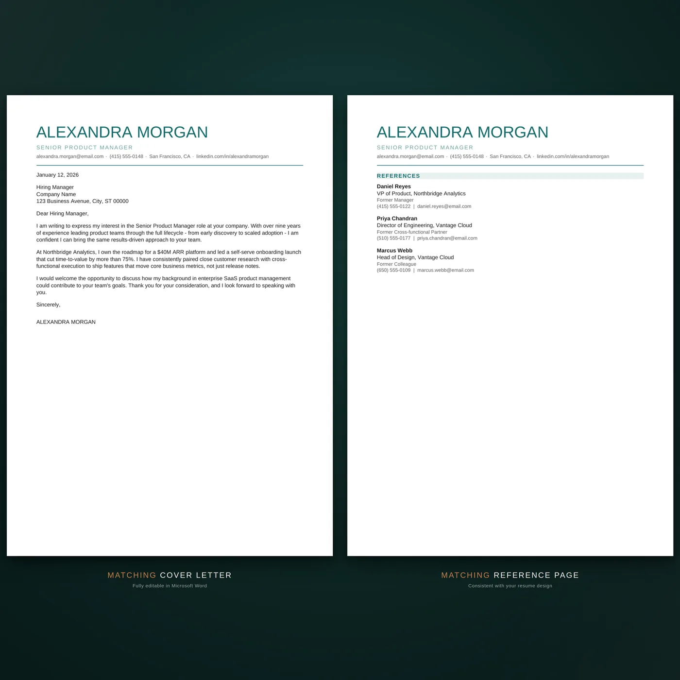 Creative résumé template — the coordinated cover letter and reference page documents