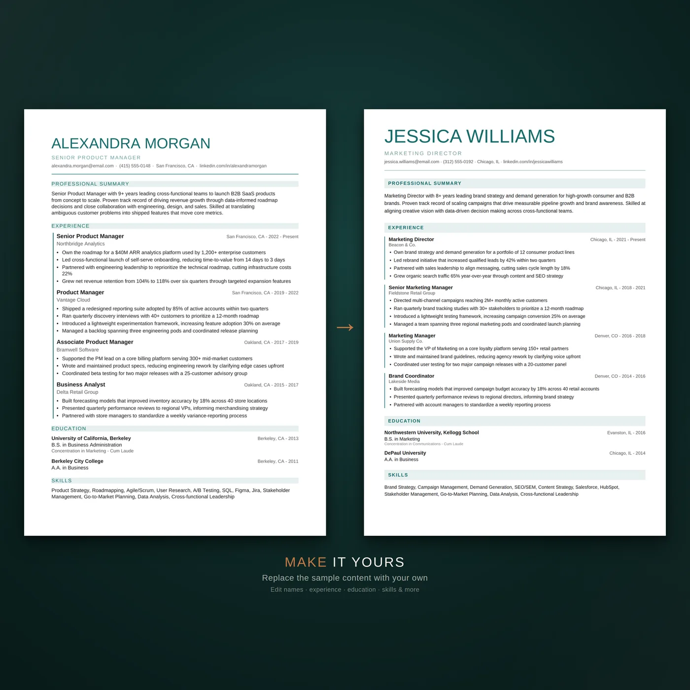 Creative résumé template — a before-and-after showing how quickly the template can be edited