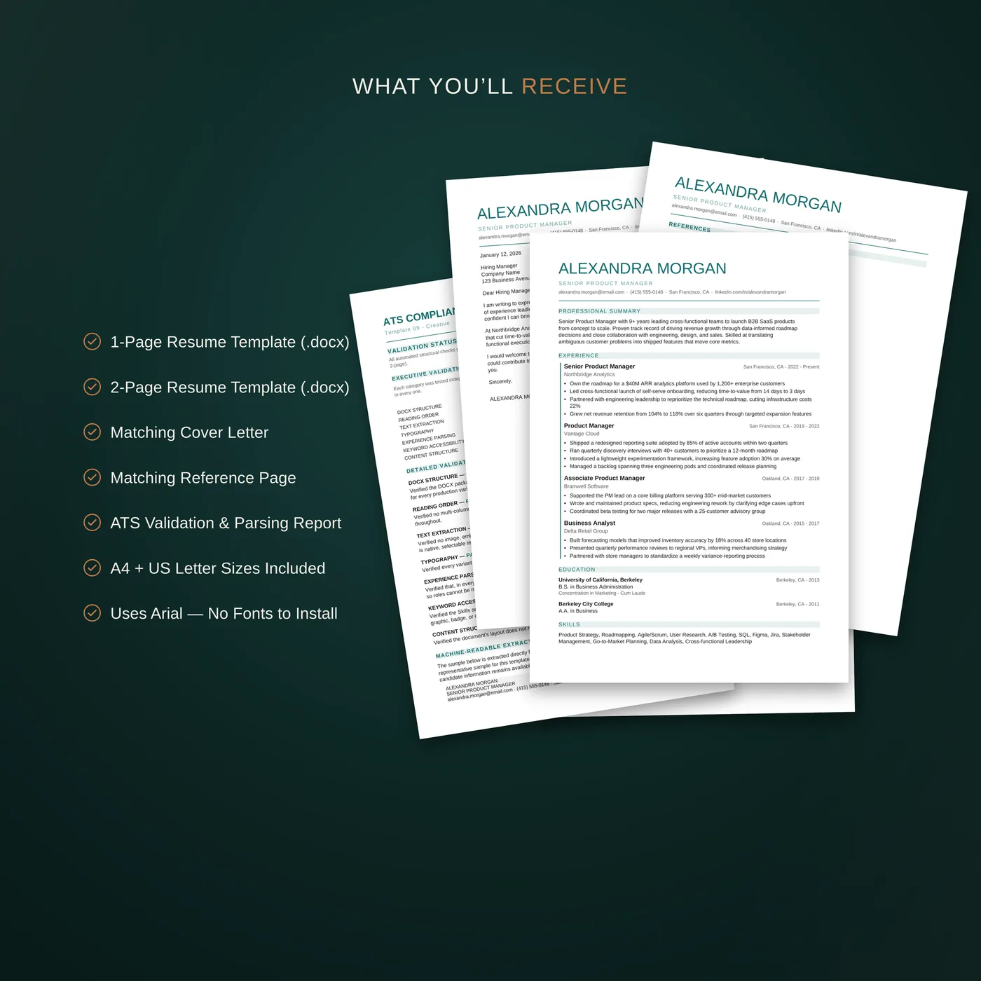 Creative résumé template — a breakdown of the files included in the bundle: résumés, cover letter, reference page, guide