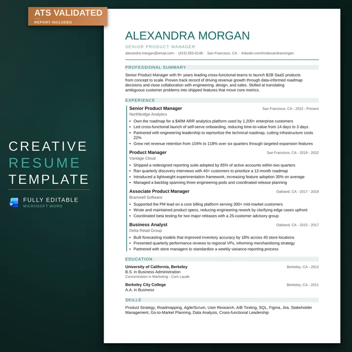 Creative résumé template — listing hero on the RoberOnix teal background