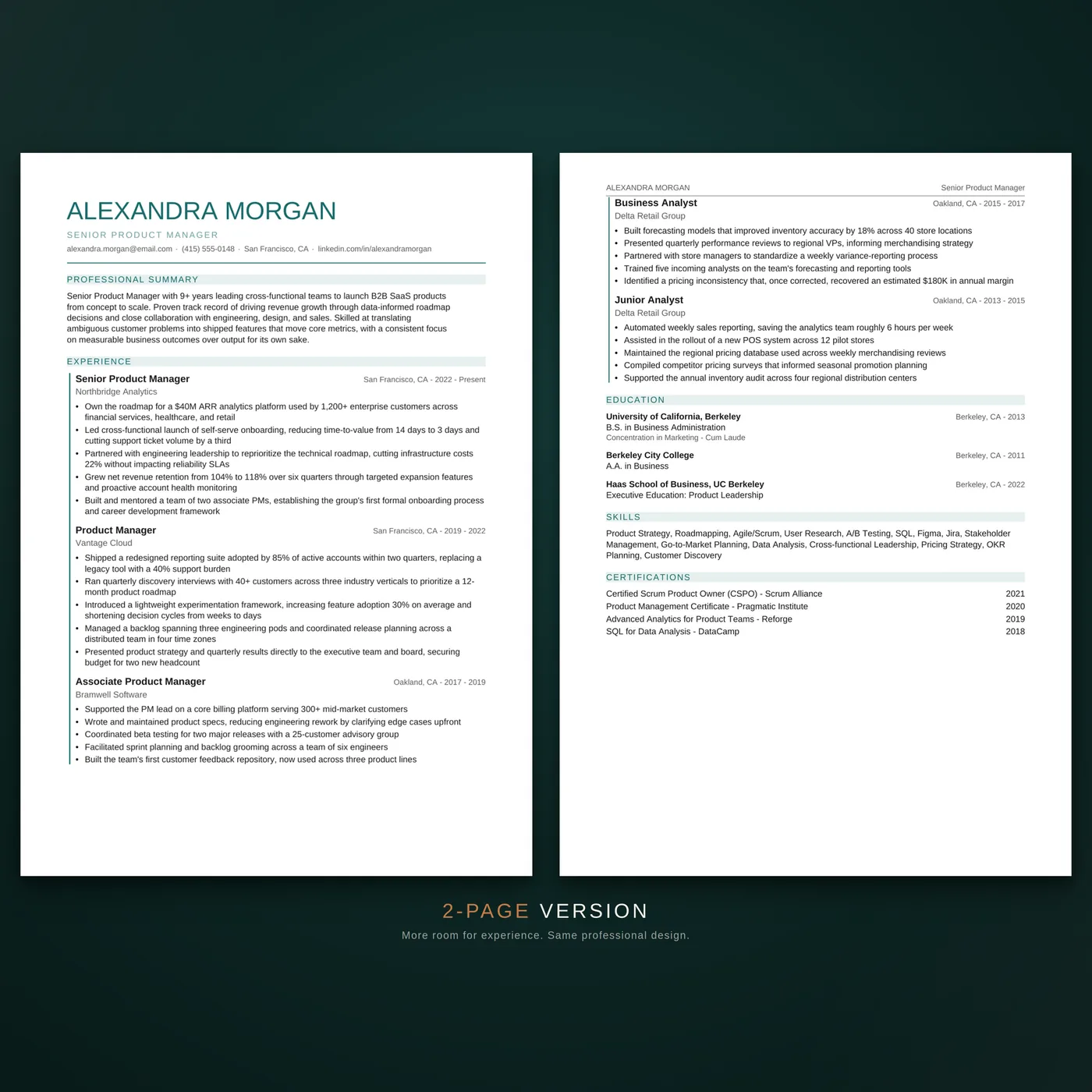 Creative résumé template — the two-page version of the résumé layout, shown as facing pages