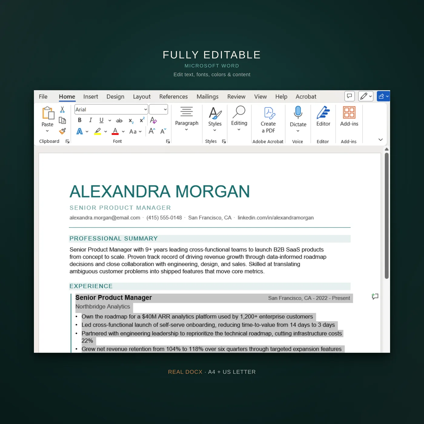 Creative résumé template — a callout that the template is fully editable in Microsoft Word