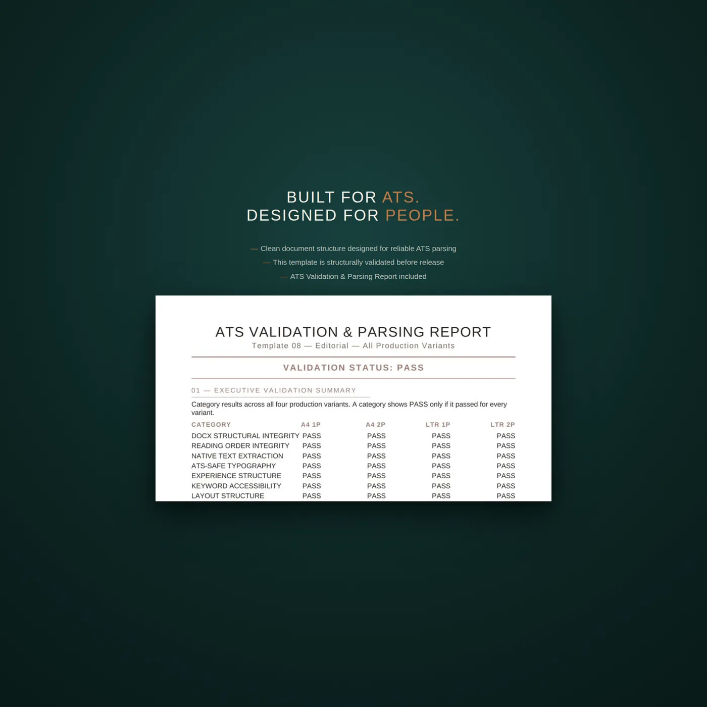 Editorial résumé template — an explainer slide on how the template is structured to pass applicant tracking systems