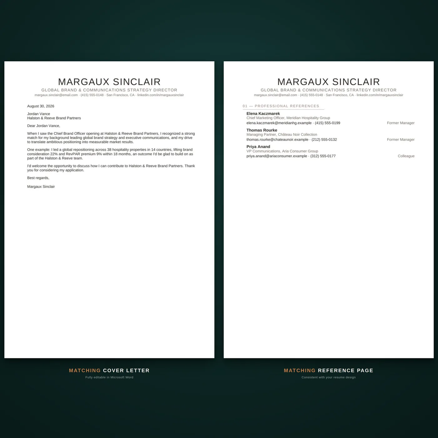 Editorial résumé template — the coordinated cover letter and reference page documents