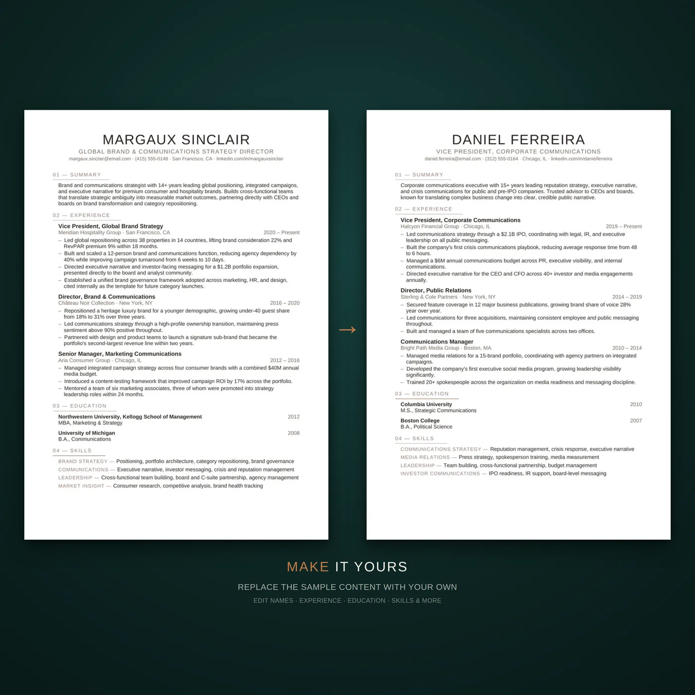 Editorial résumé template — a before-and-after showing how quickly the template can be edited