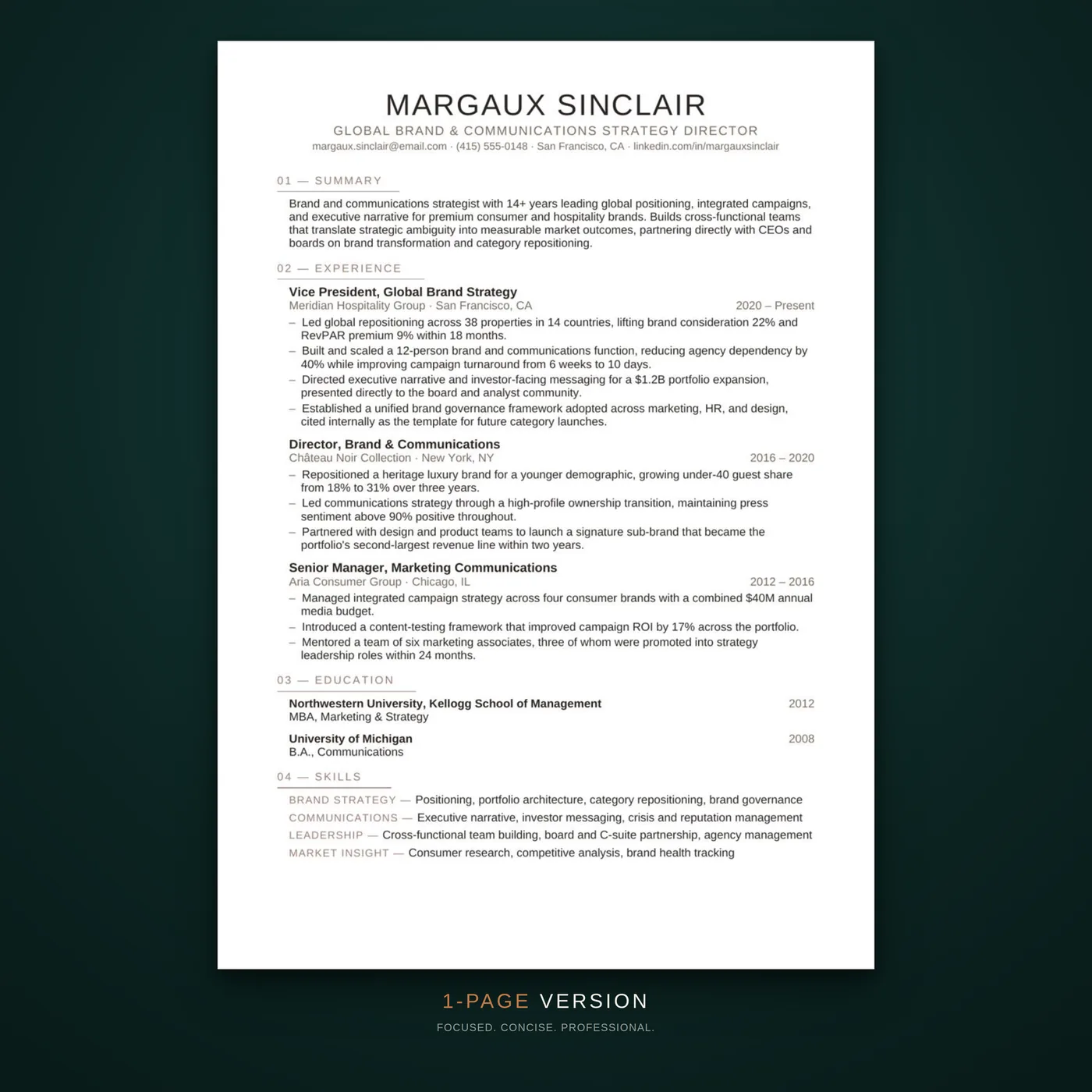 Editorial résumé template — the one-page version of the résumé layout