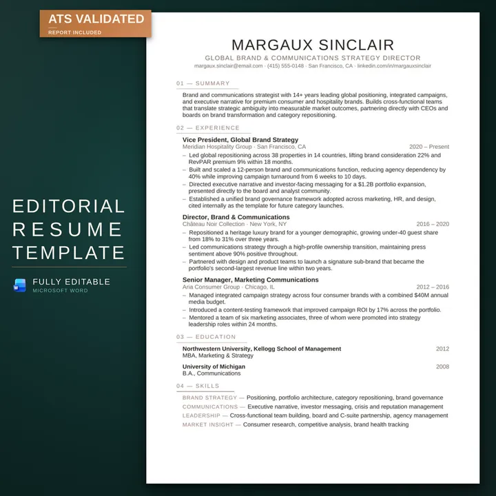 Editorial résumé template — listing hero on the RoberOnix teal background