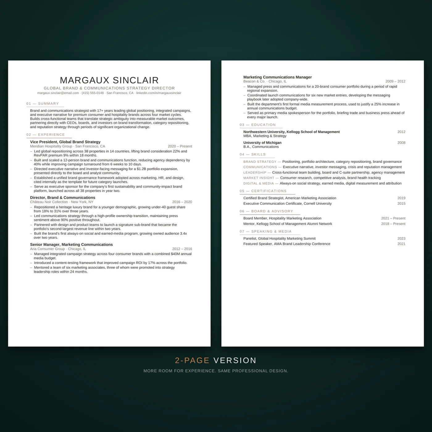 Editorial résumé template — the two-page version of the résumé layout, shown as facing pages