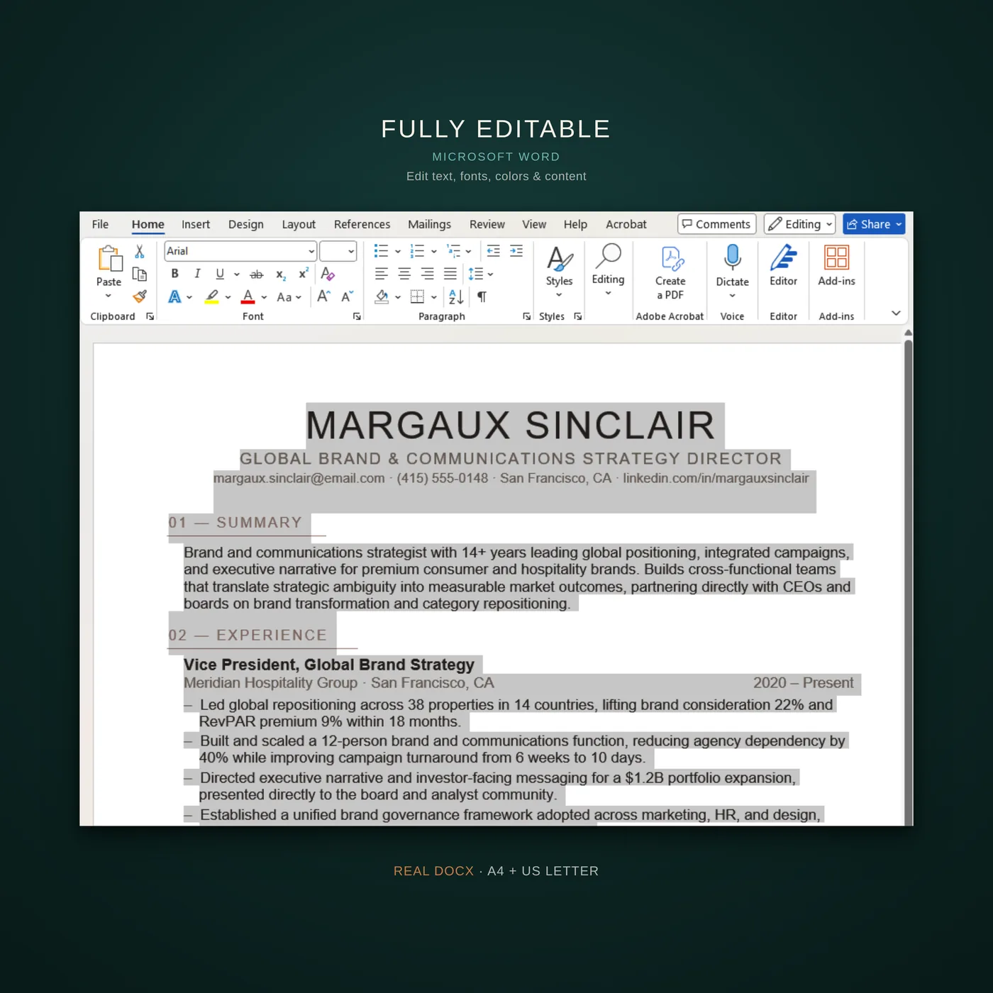 Editorial résumé template — a callout that the template is fully editable in Microsoft Word