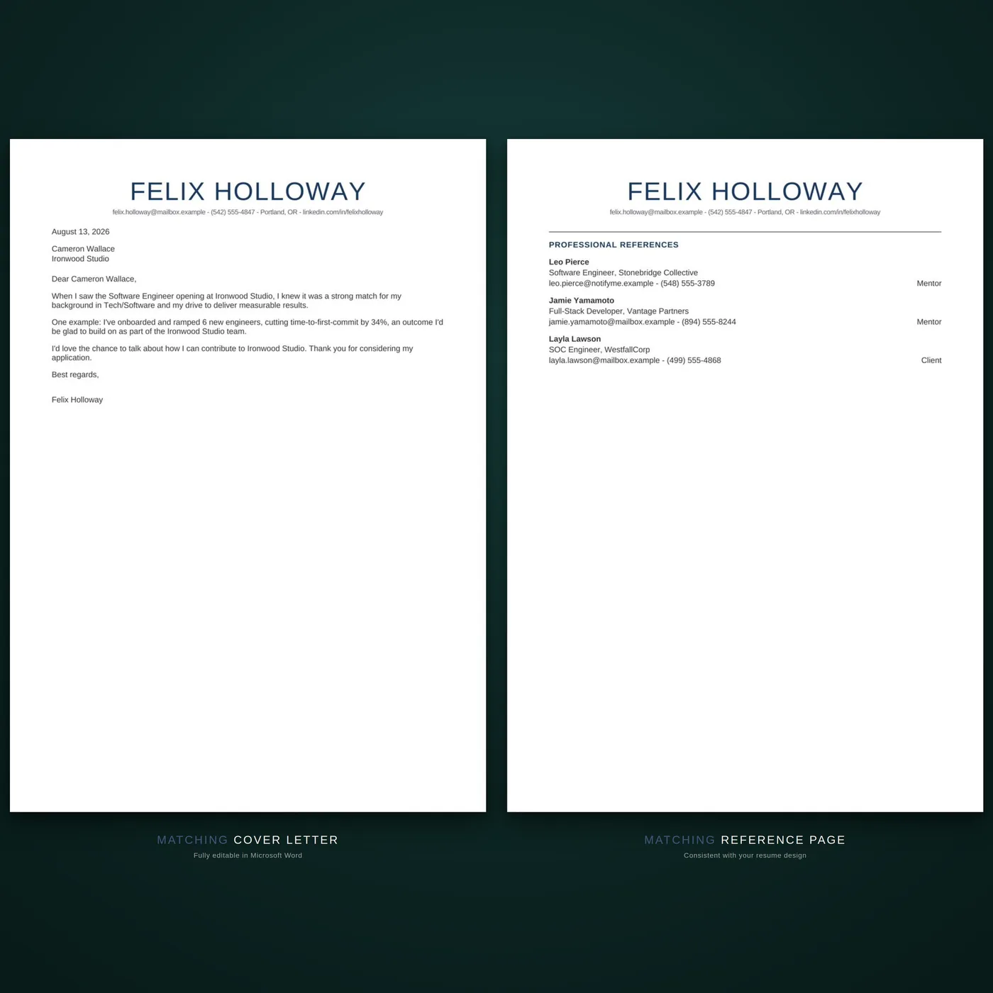 Essential résumé template — the coordinated cover letter and reference page documents