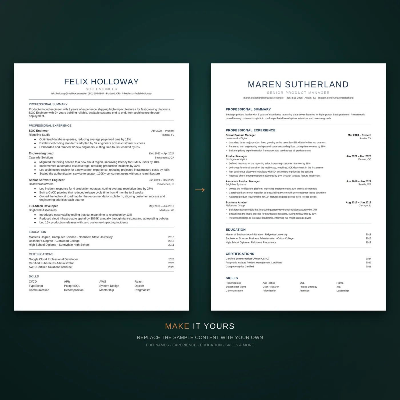 Essential résumé template — a before-and-after showing how quickly the template can be edited