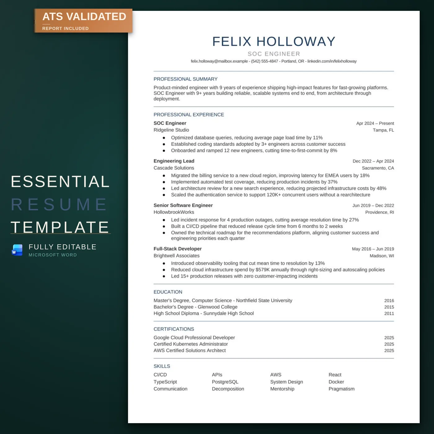 Essential résumé template — the listing hero image — the résumé on the RoberOnix deep-teal brand background with an ATS-validated badge