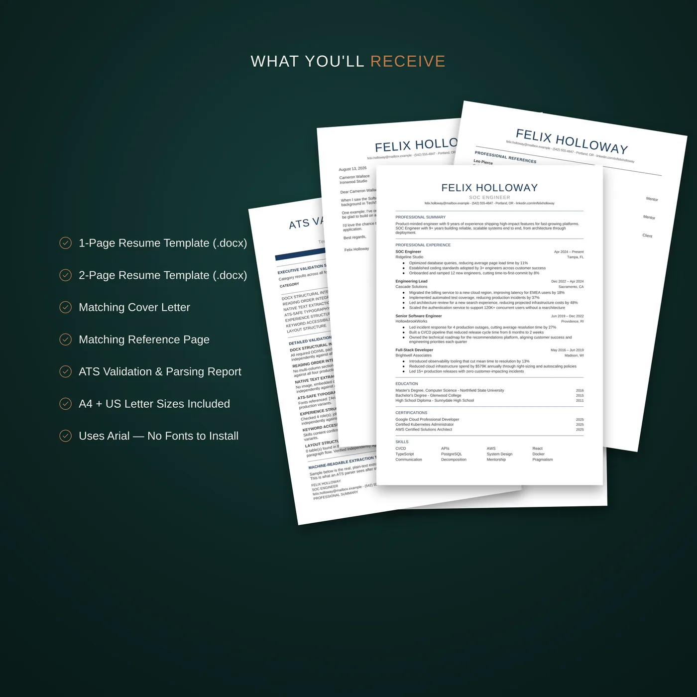 Essential résumé template — a breakdown of the files included in the bundle: résumés, cover letter, reference page, guide