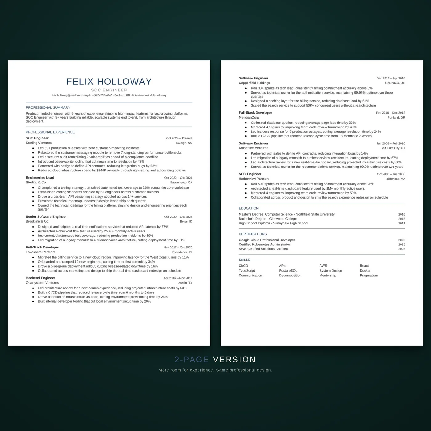 Essential résumé template — the two-page version of the résumé layout, shown as facing pages