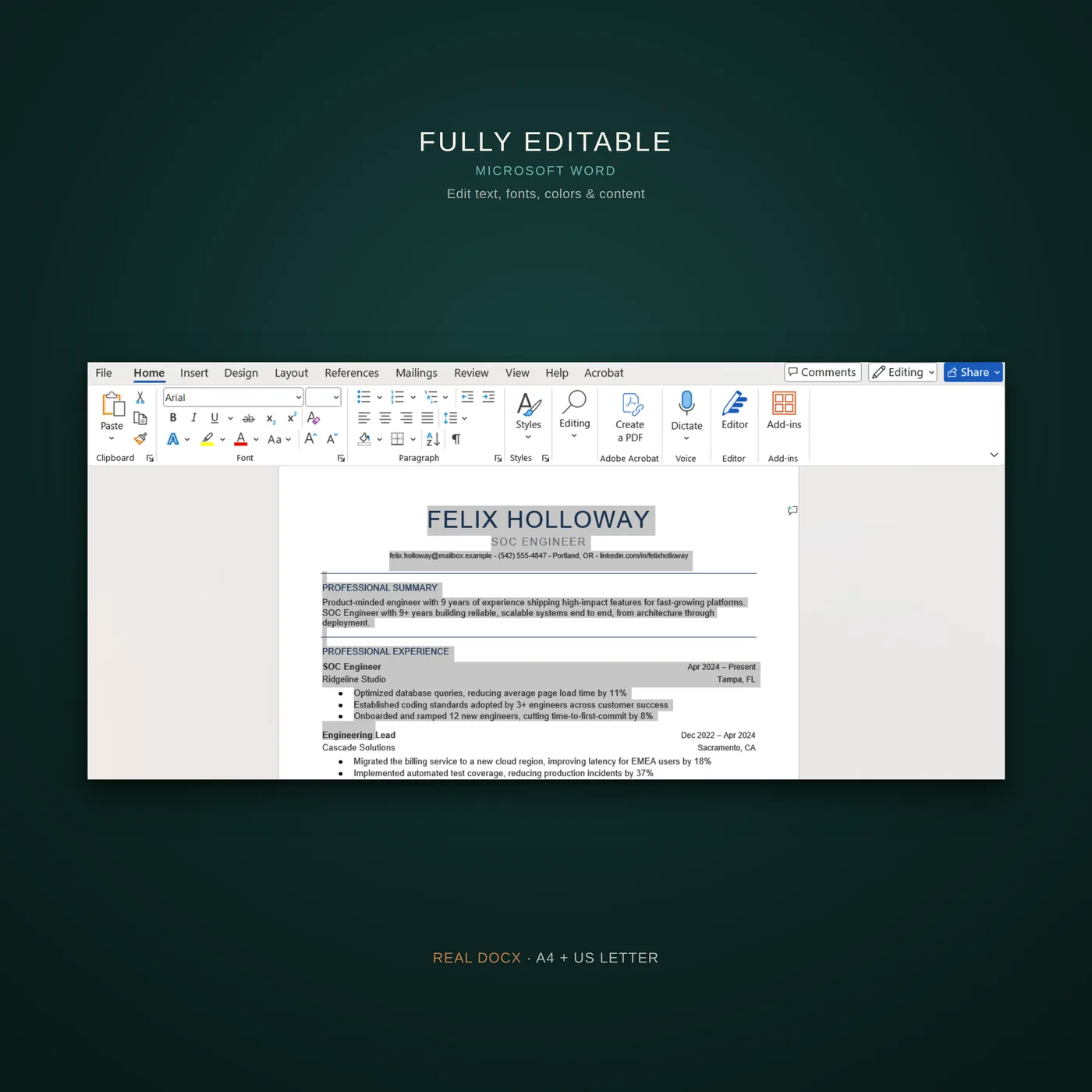 Essential résumé template — a callout that the template is fully editable in Microsoft Word