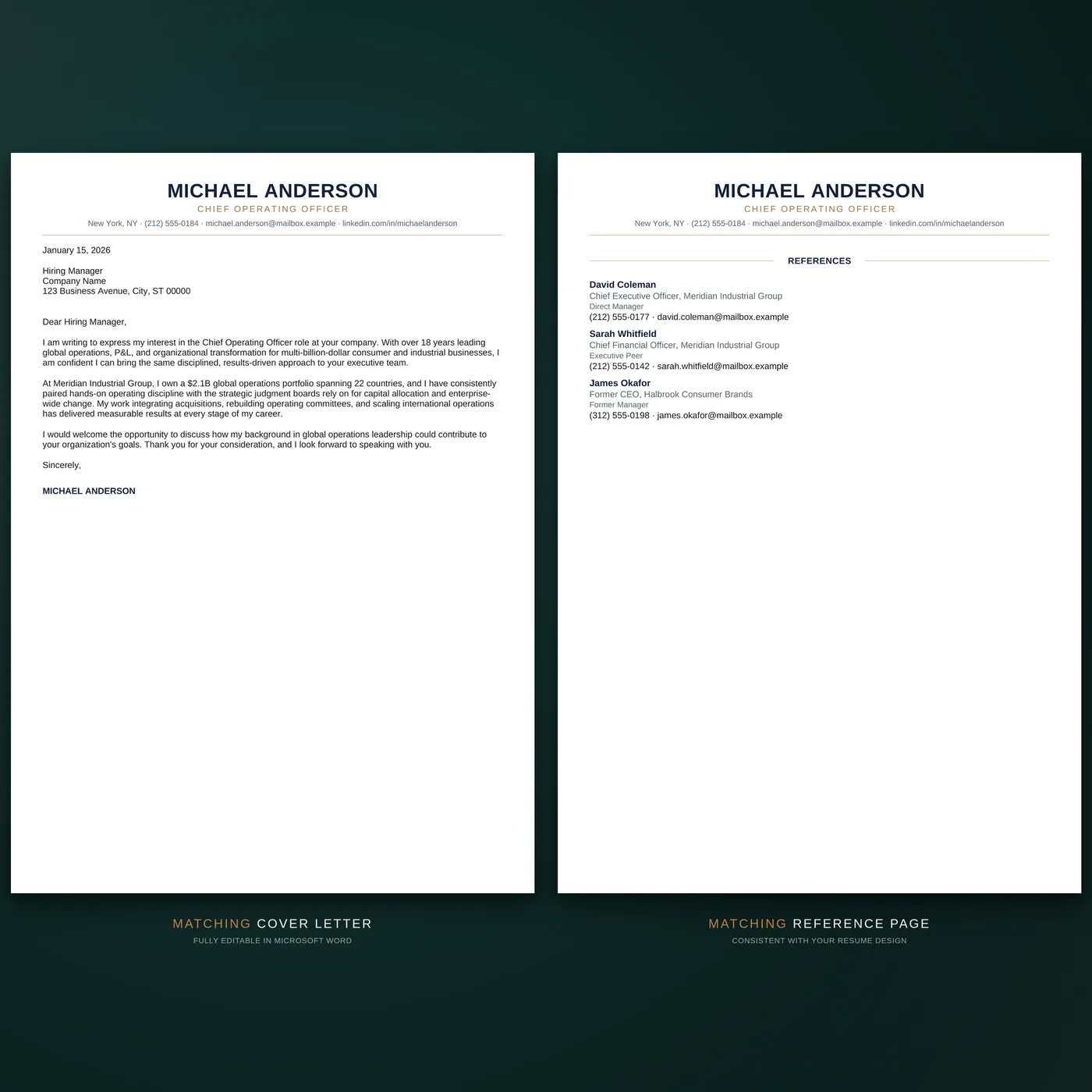 Executive résumé template — the coordinated cover letter and reference page documents
