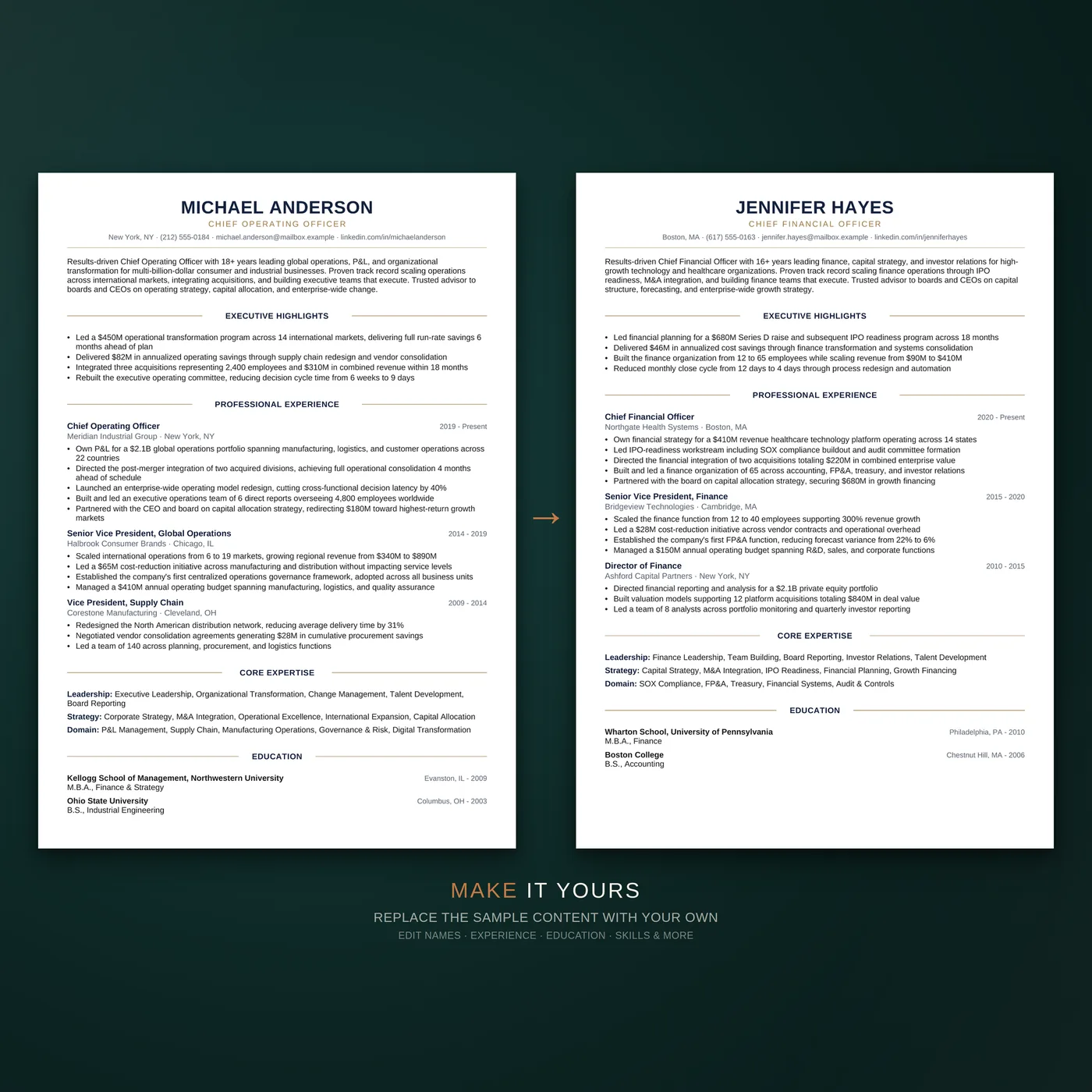 Executive résumé template — a before-and-after showing how quickly the template can be edited