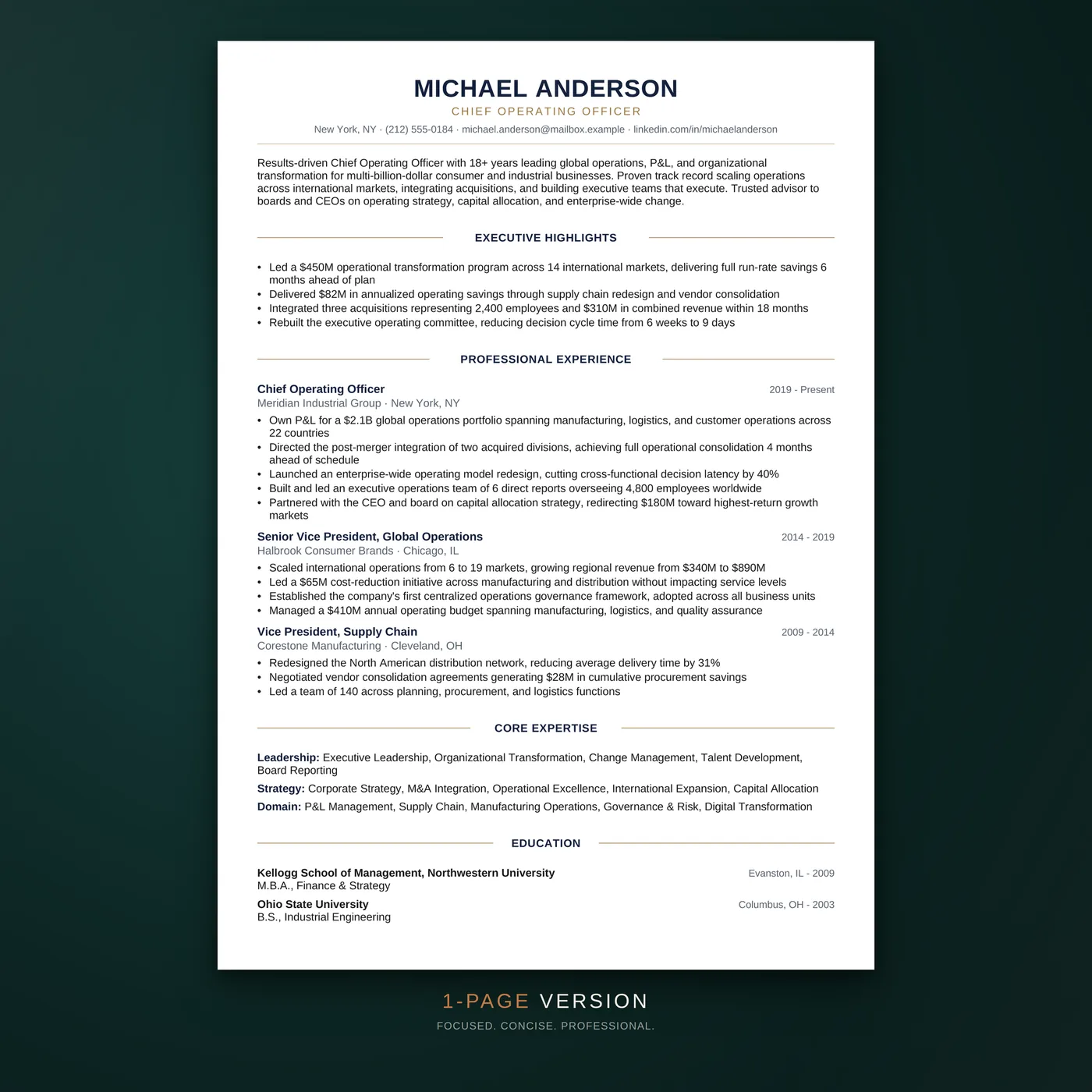 Executive résumé template — the one-page version of the résumé layout