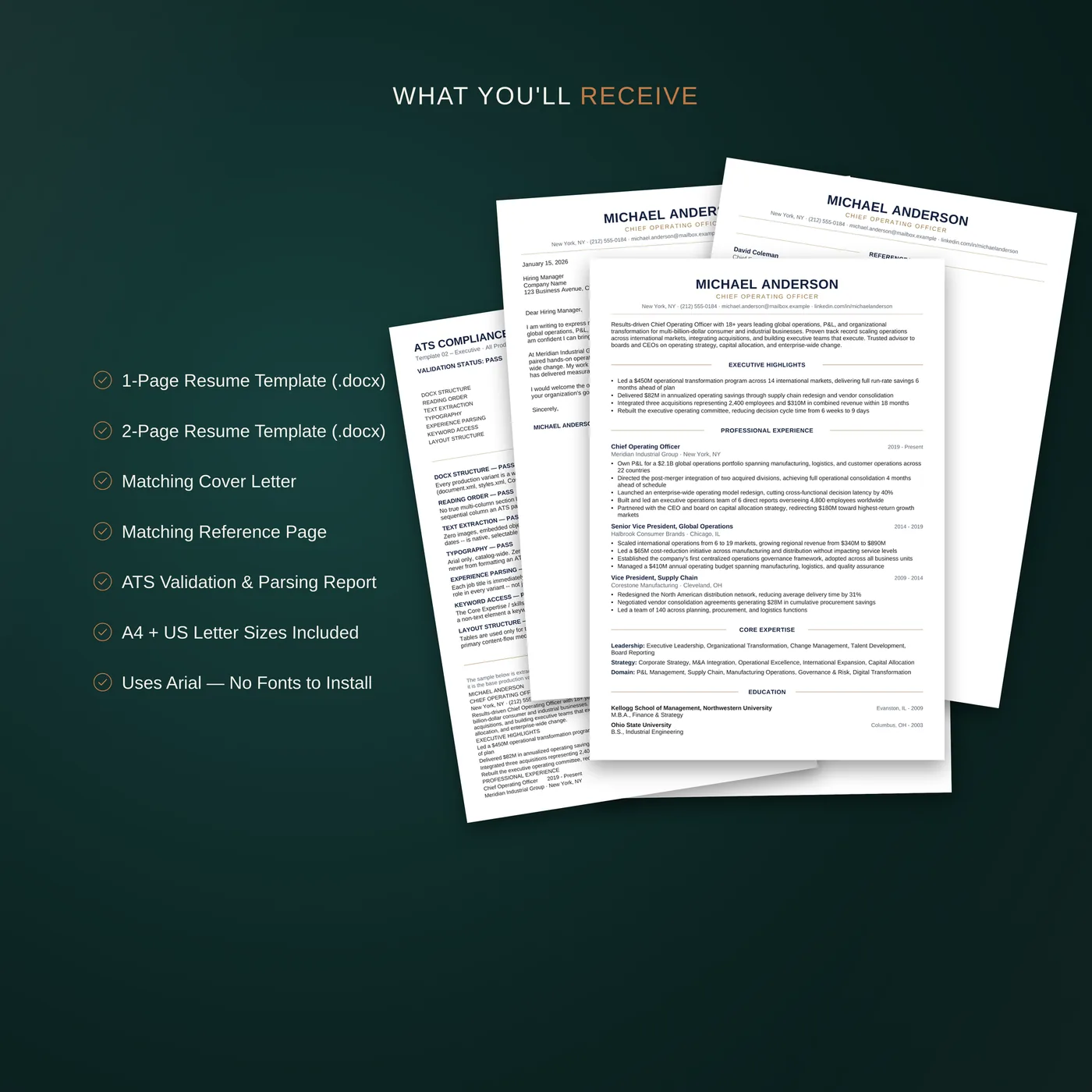 Executive résumé template — a breakdown of the files included in the bundle: résumés, cover letter, reference page, guide