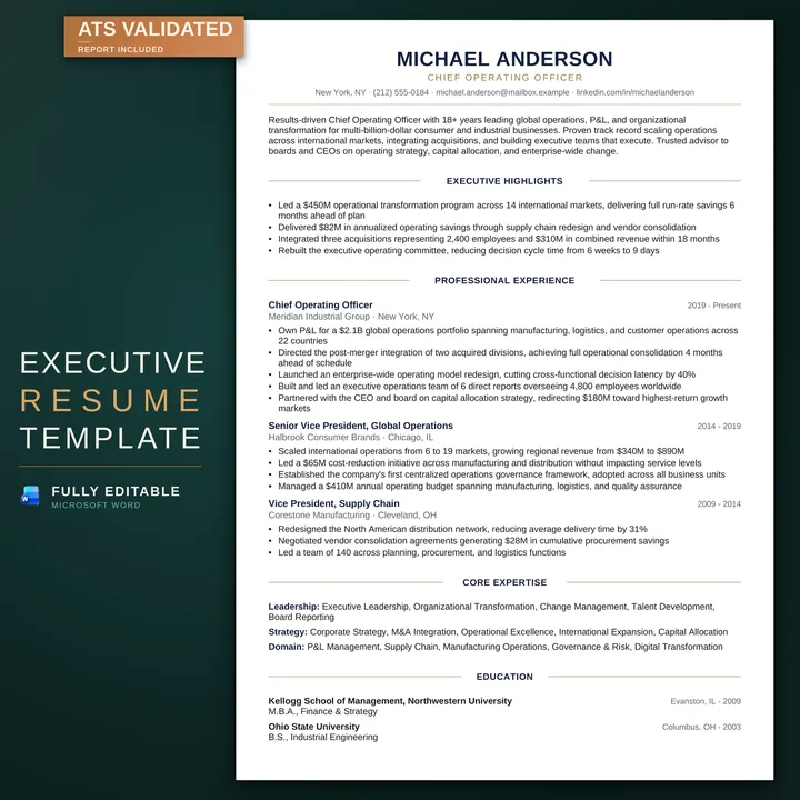 Executive résumé template — listing hero on the RoberOnix teal background