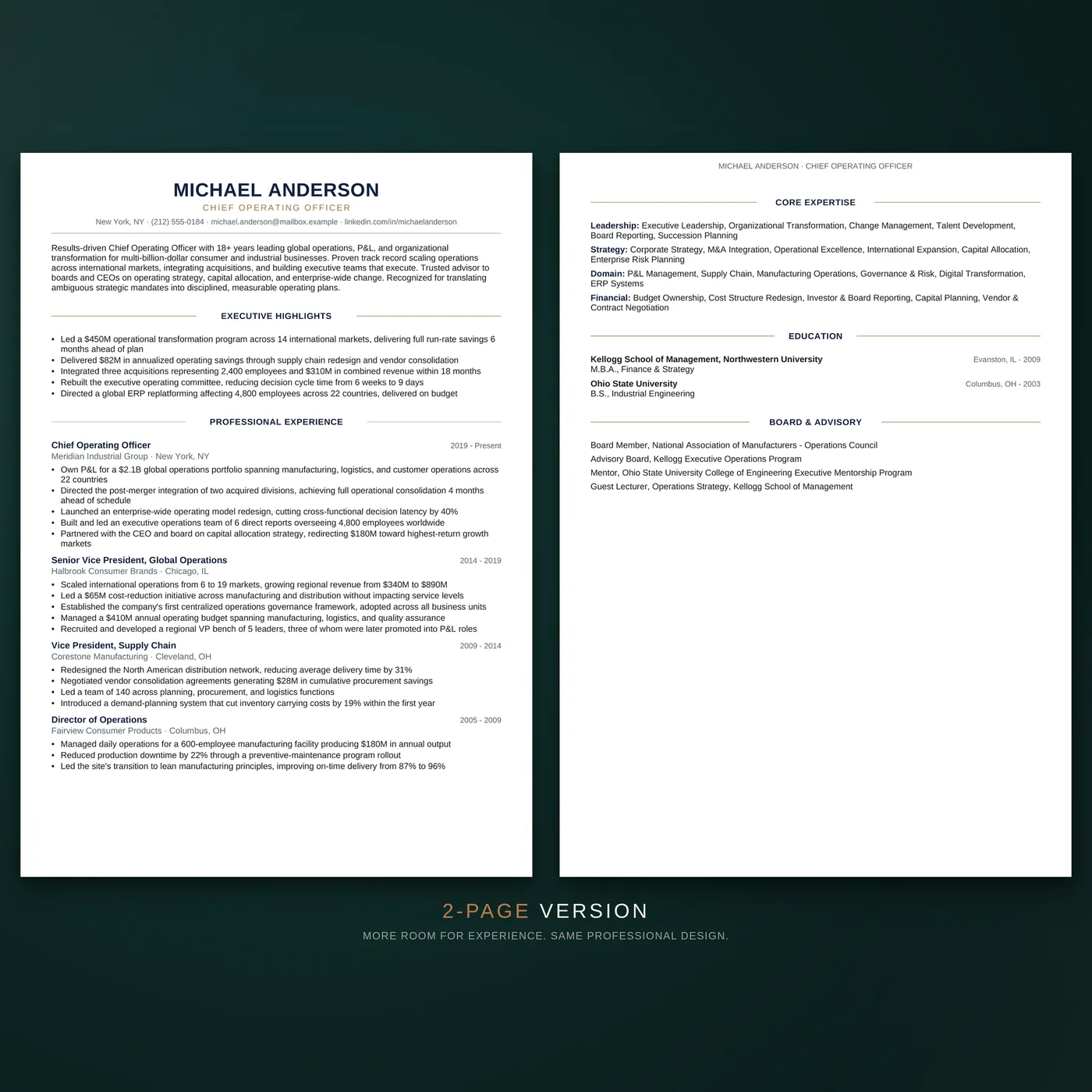 Executive résumé template — the two-page version of the résumé layout, shown as facing pages