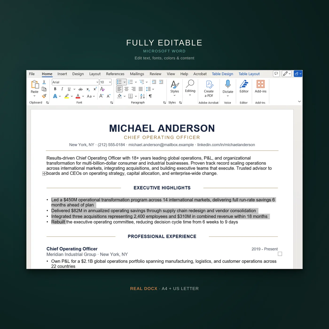 Executive résumé template — a callout that the template is fully editable in Microsoft Word