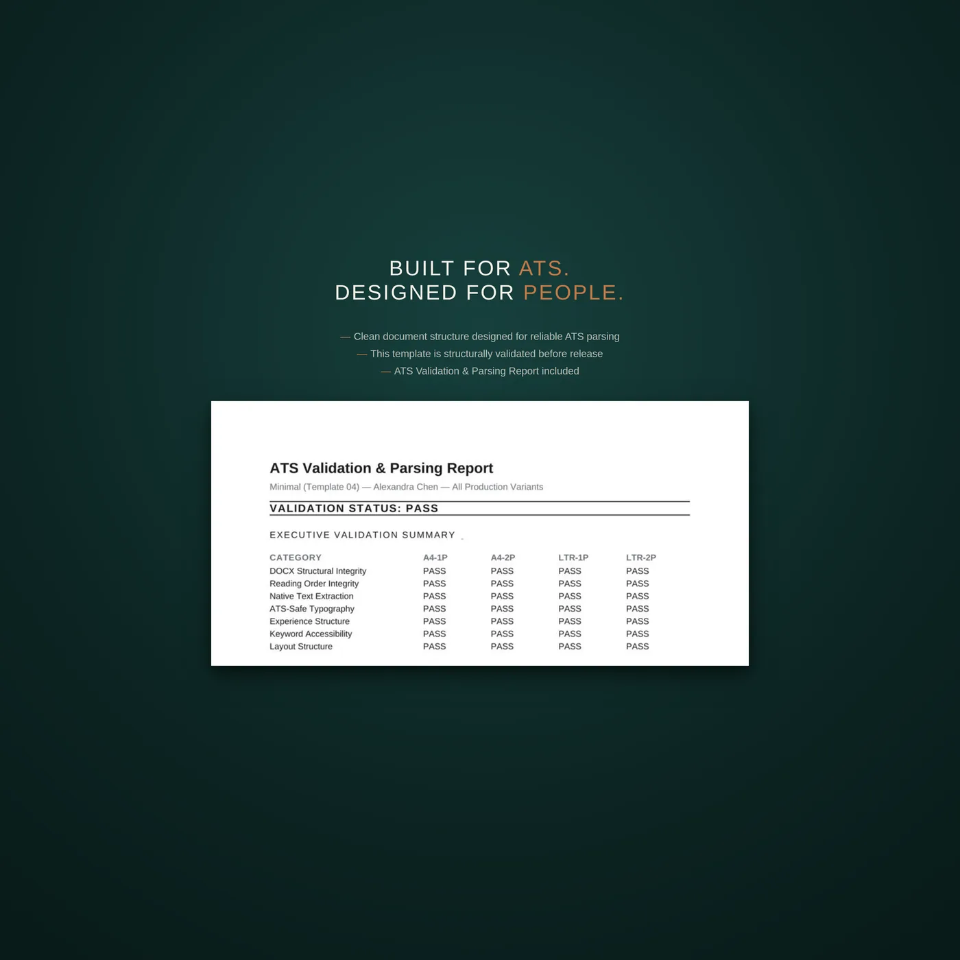 Minimal résumé template — an explainer slide on how the template is structured to pass applicant tracking systems