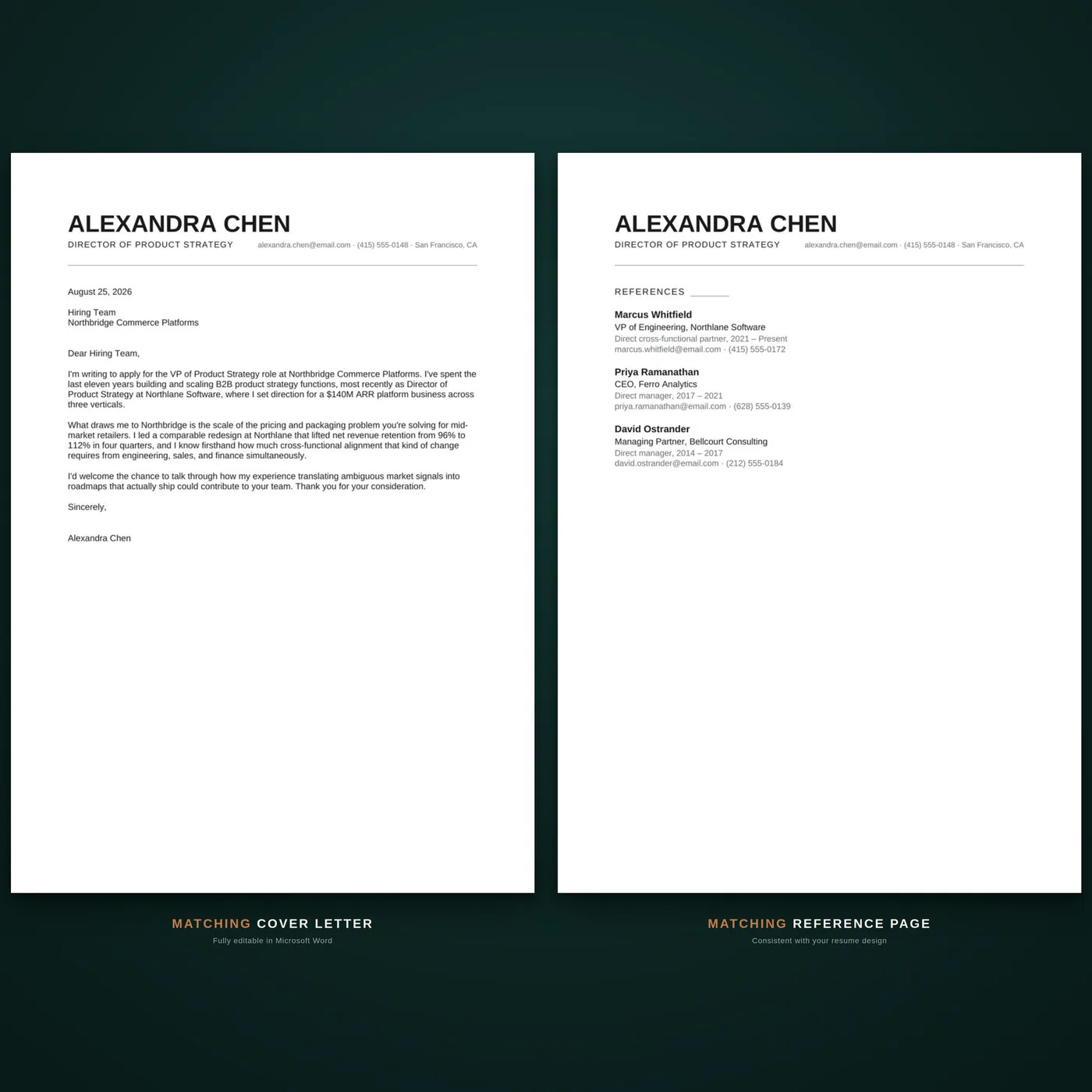 Minimal résumé template — the coordinated cover letter and reference page documents