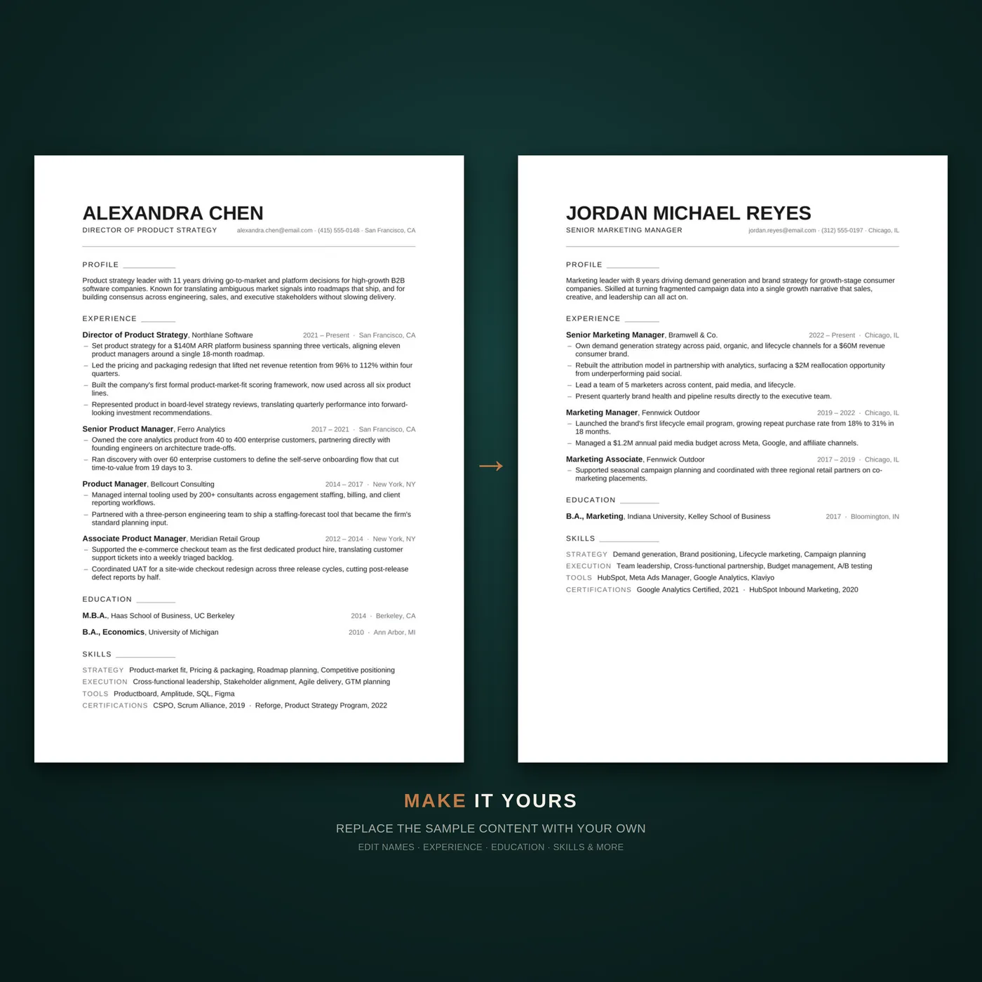 Minimal résumé template — a before-and-after showing how quickly the template can be edited