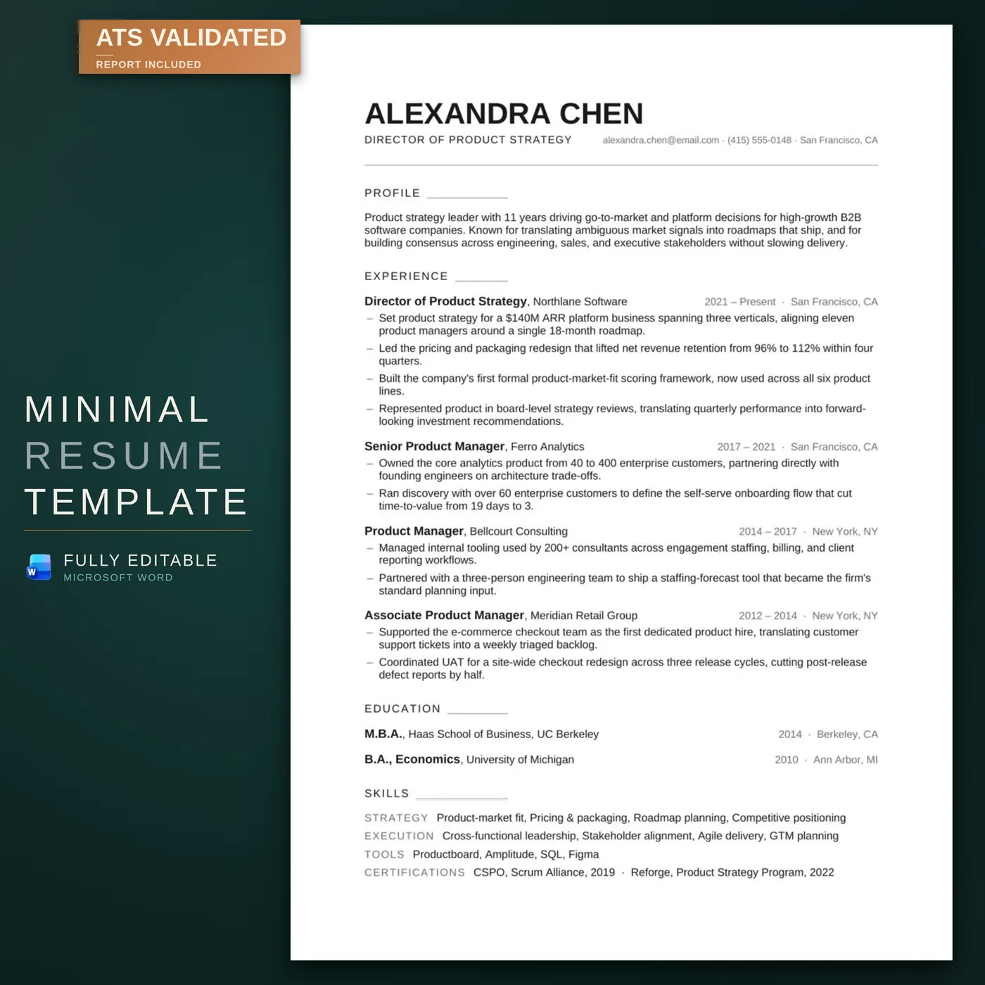 Minimal résumé template — the listing hero image — the résumé on the RoberOnix deep-teal brand background with an ATS-validated badge