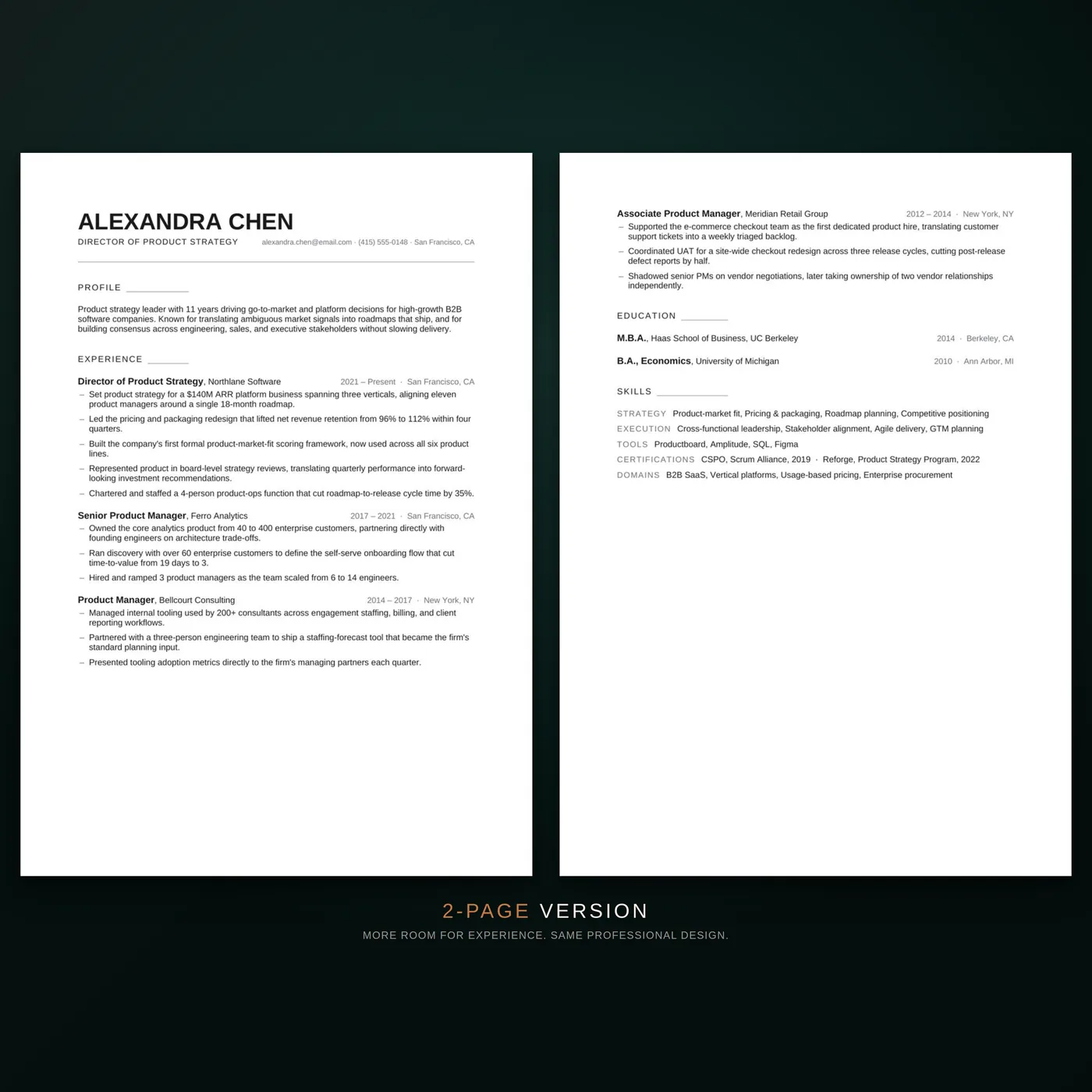 Minimal résumé template — the two-page version of the résumé layout, shown as facing pages