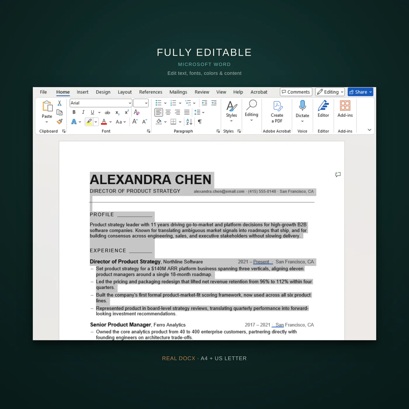 Minimal résumé template — a callout that the template is fully editable in Microsoft Word